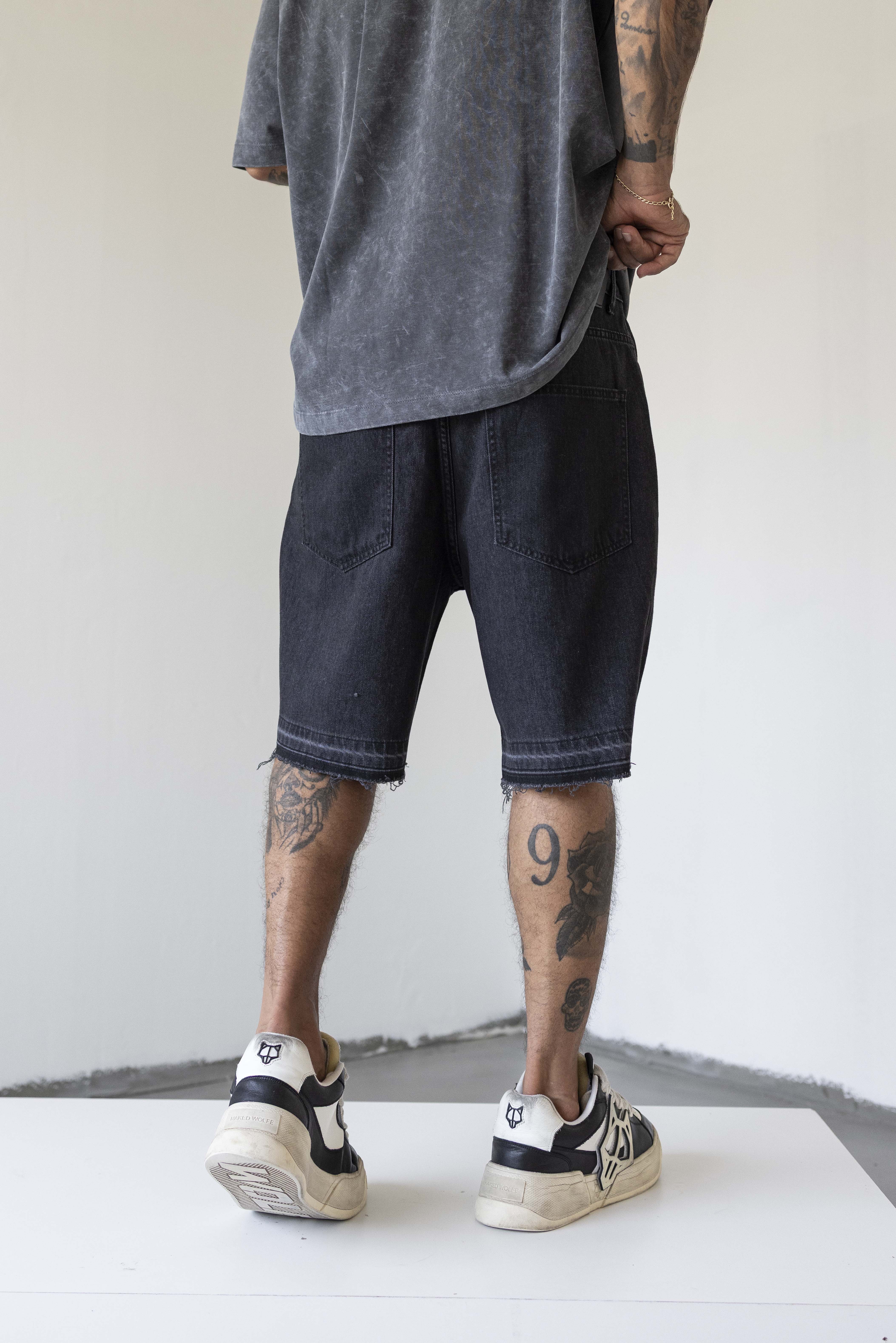 Washed Black Raw-Hem Denim Shorts