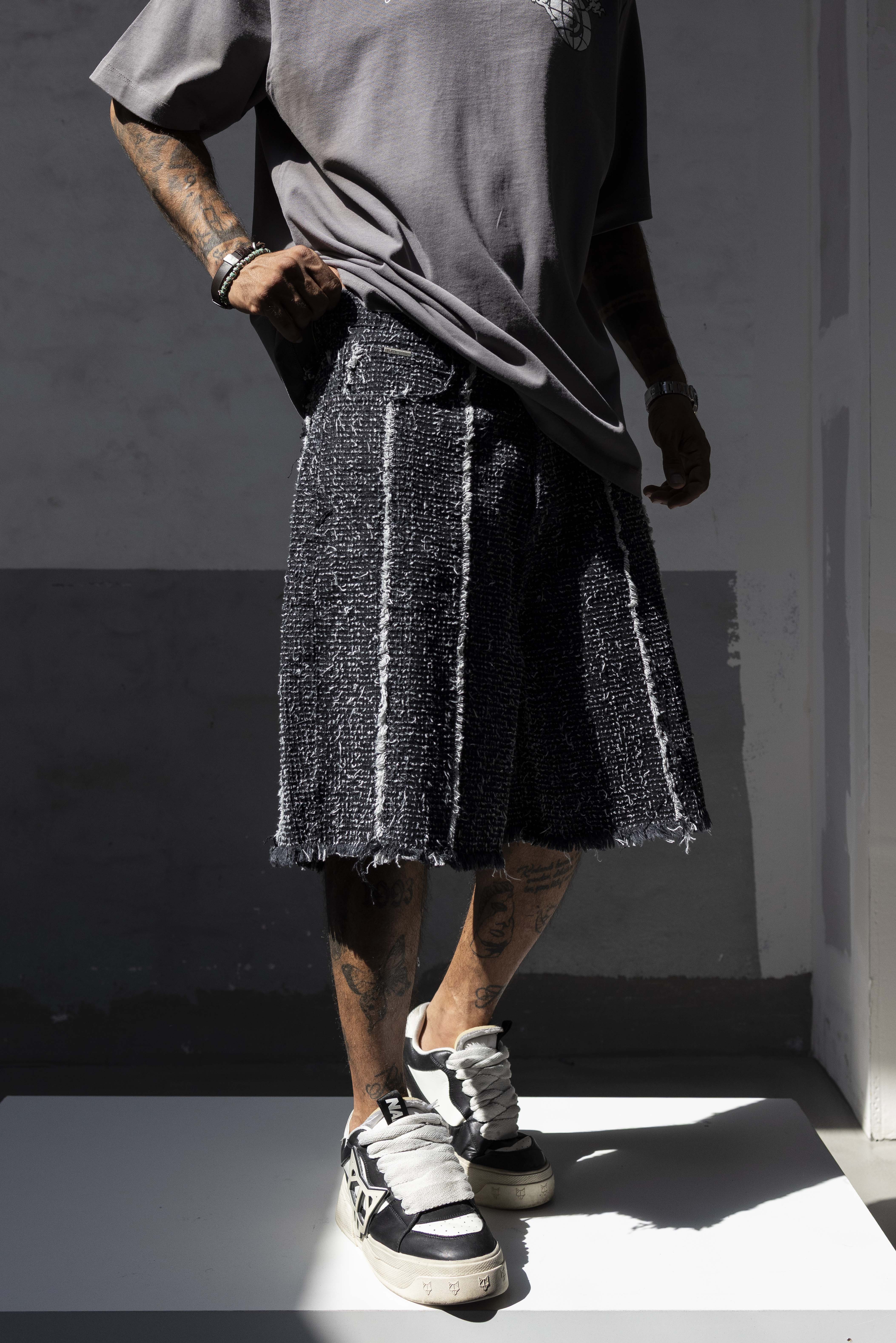 Black Textured Raw-Seam Wide Denim Shorts