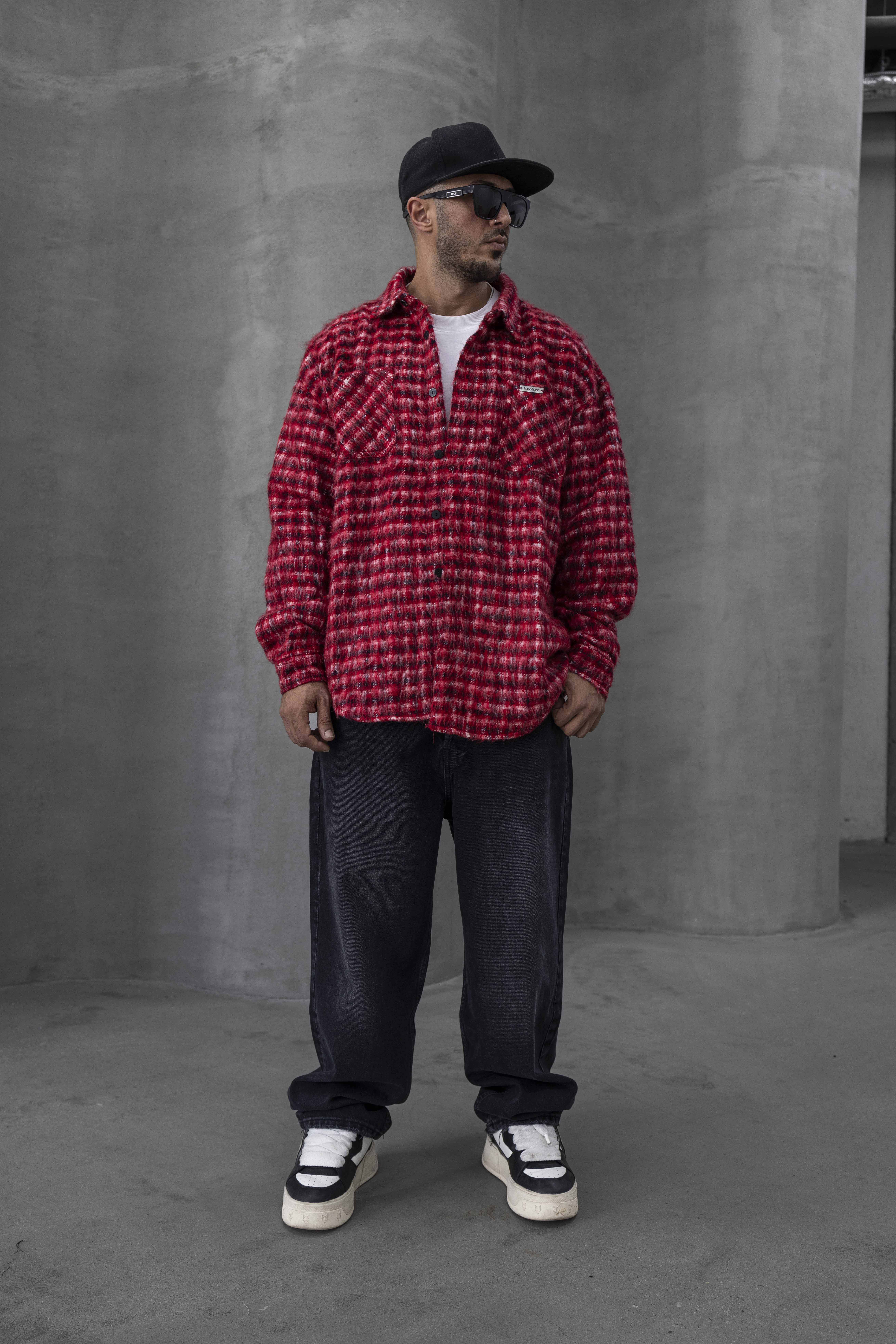 Oversized Red Textured Checkered Shacket 15367