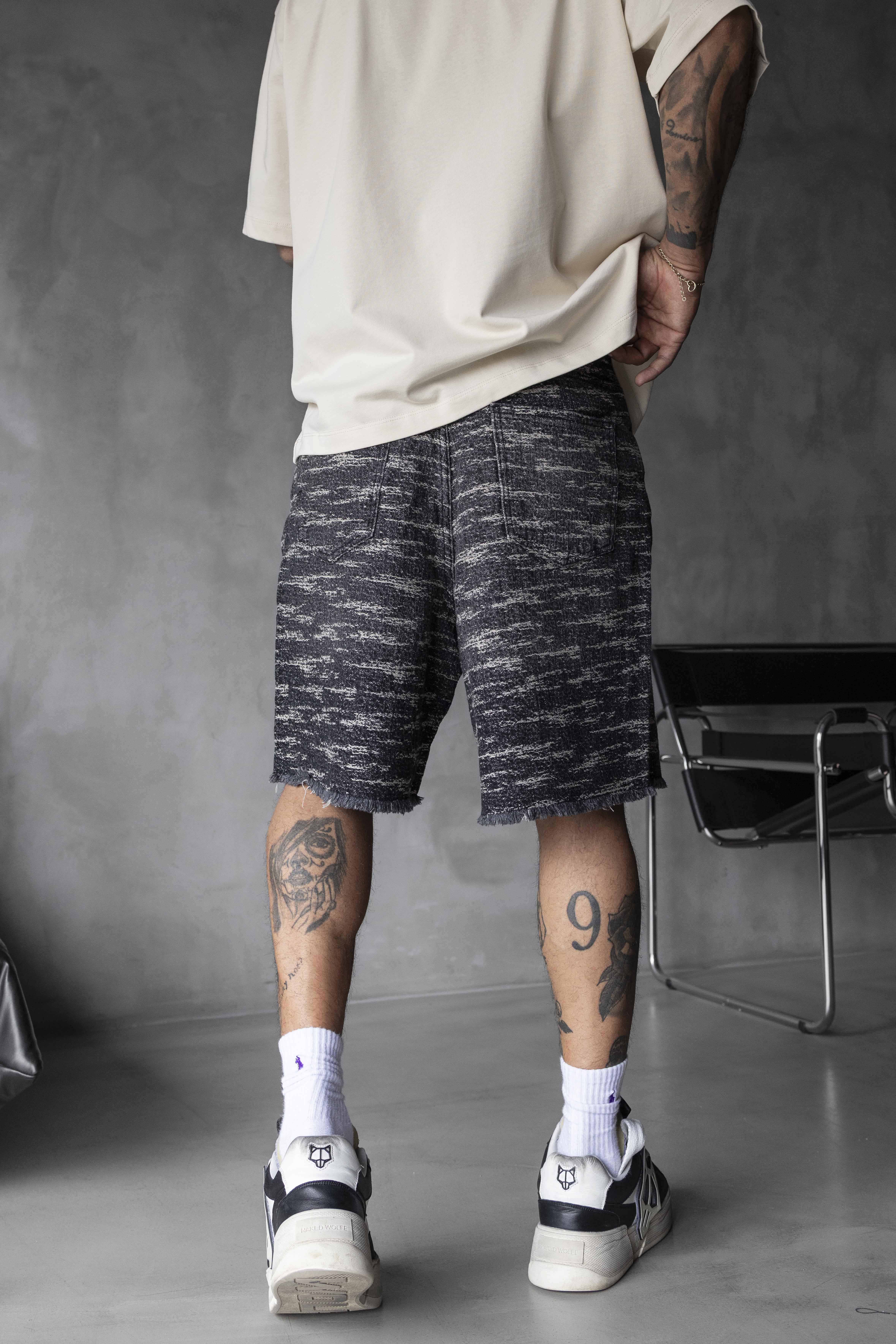 Oversized Black-Grey Textured Denim Shorts