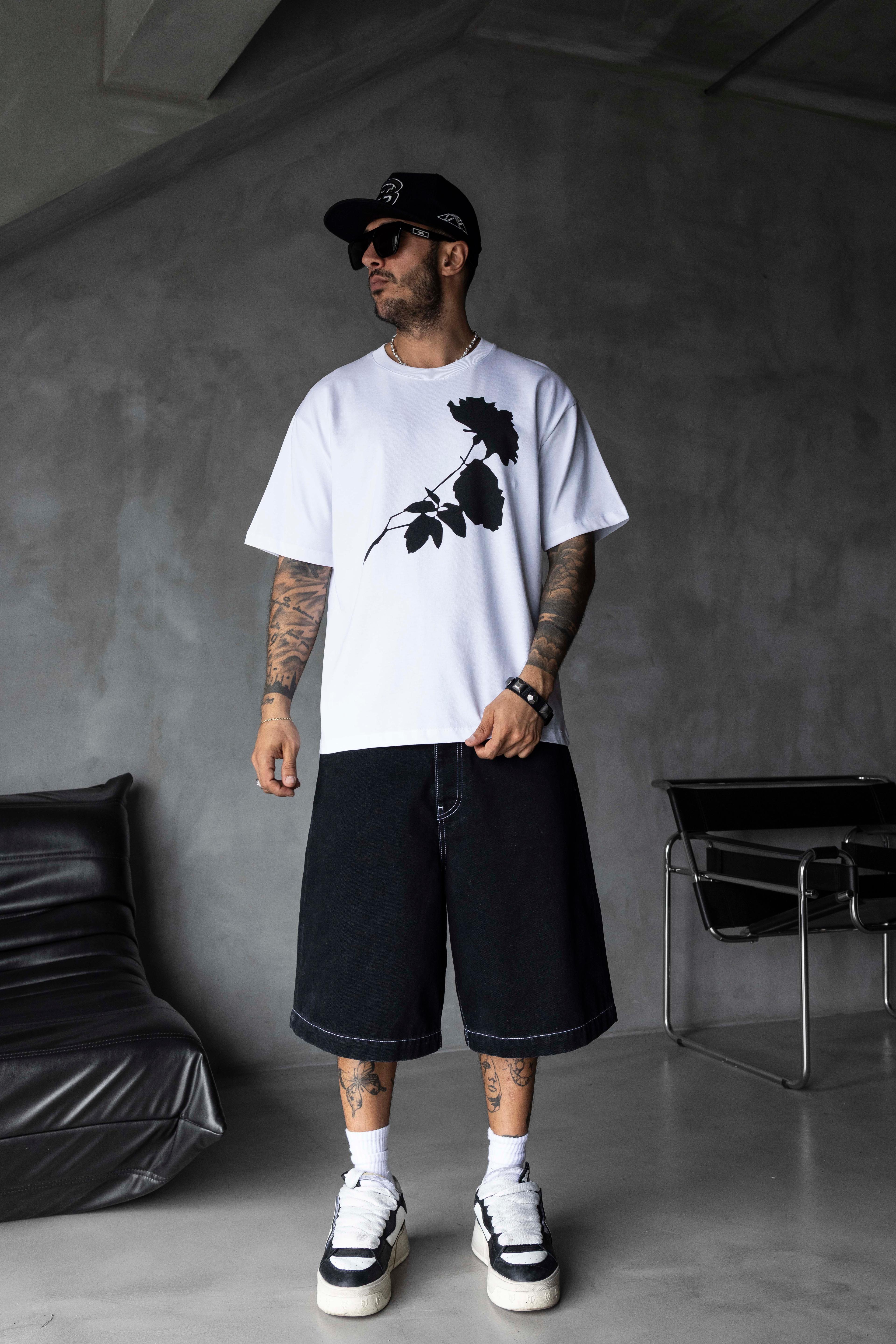 Çiçek Silüet Baskılı Oversize Tişört - BEYAZ