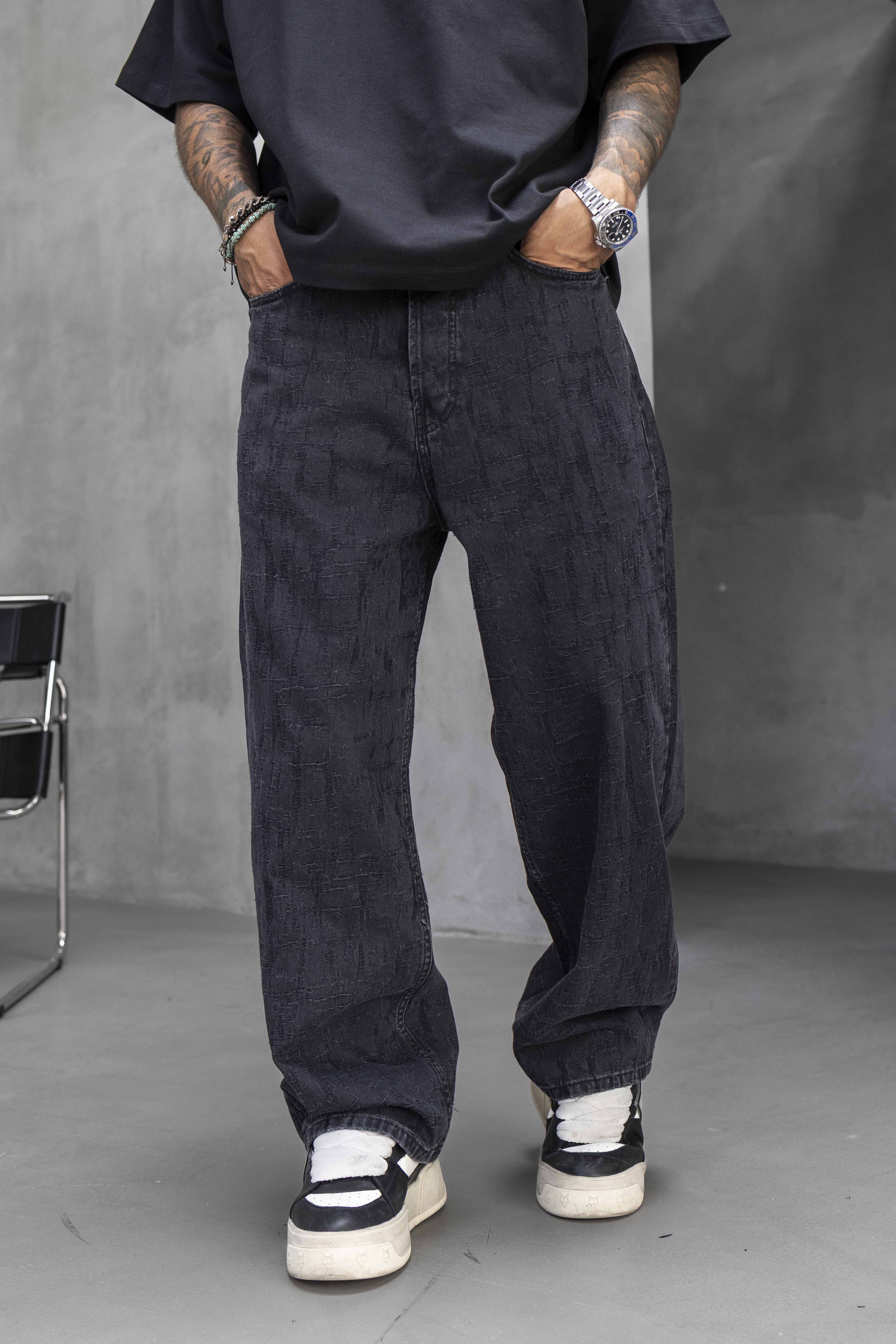 Geometric Textured Black Denim Pants