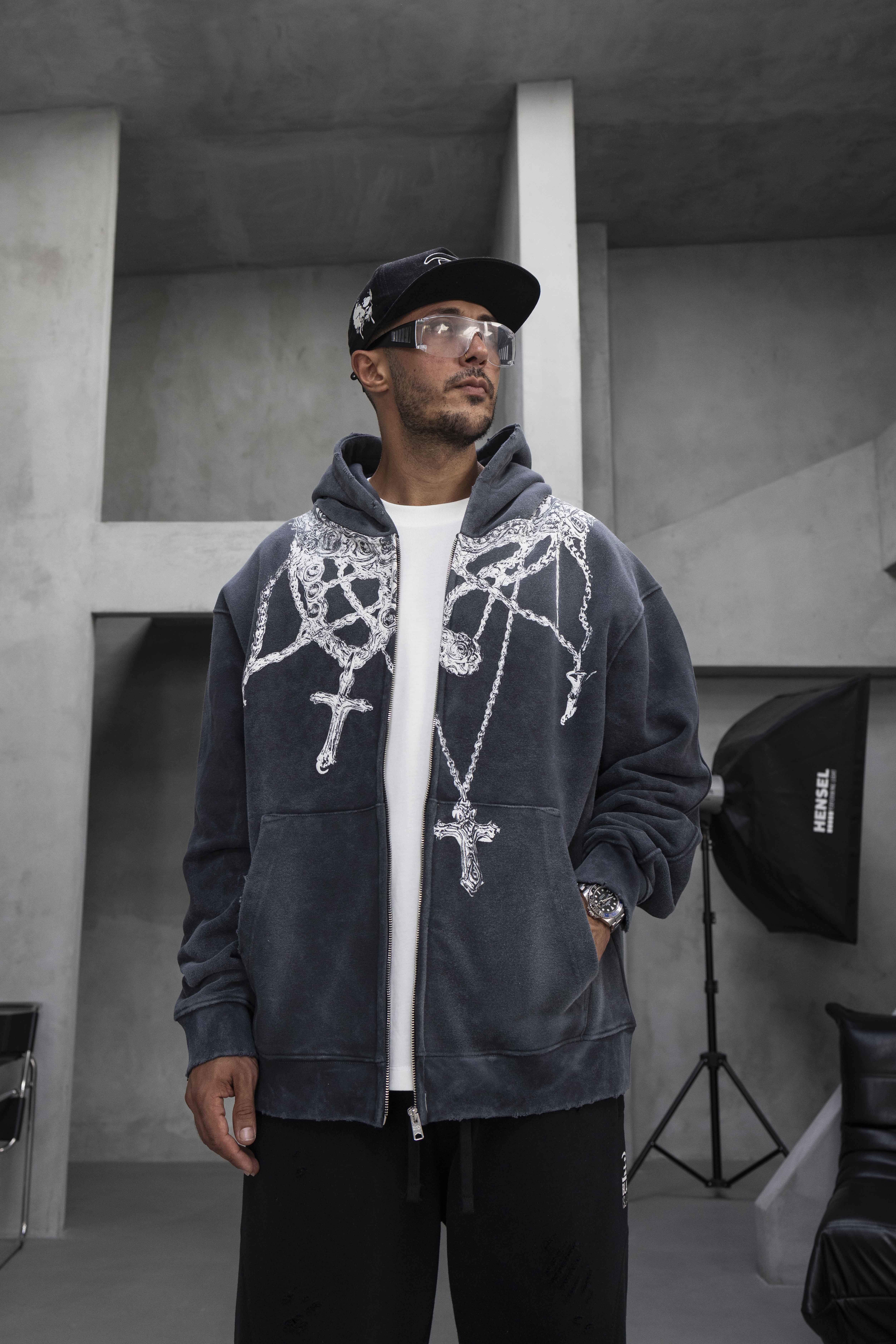 Black Island Oversized “Gothic Cross Chains” Zip Hoodie