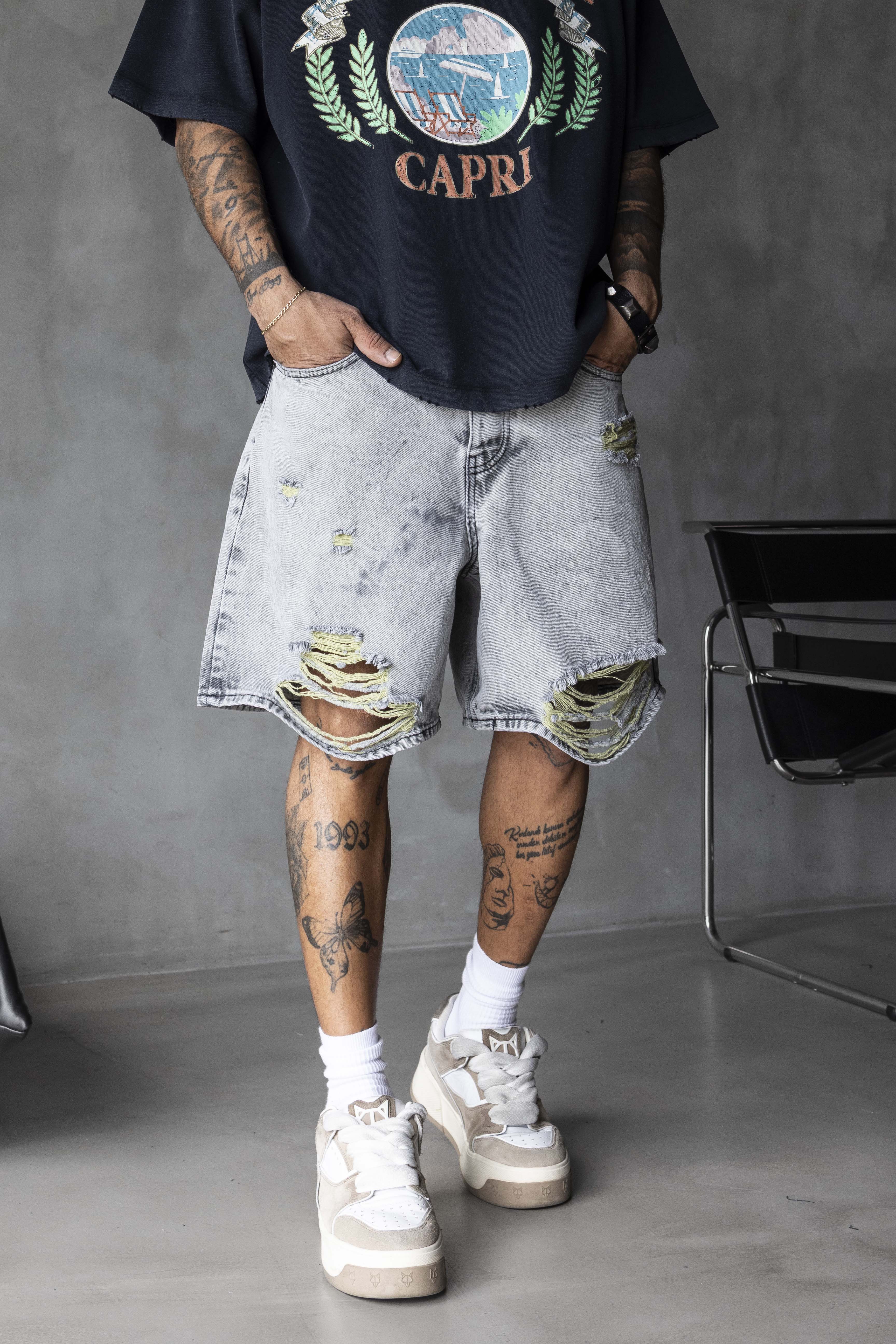 Grey Heavy Ripped Denim Shorts