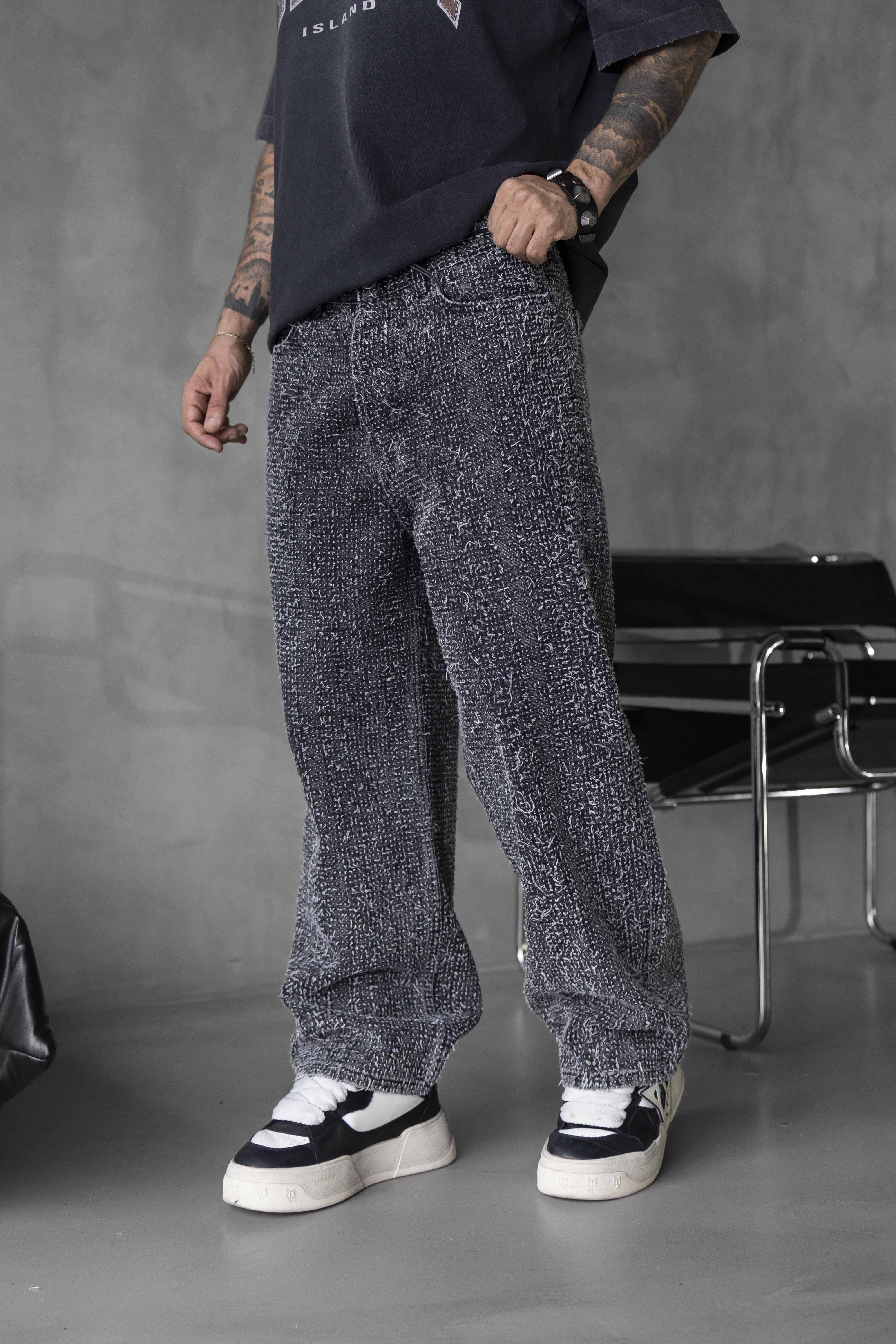 Grey Textured Loose Fit Denim Pants