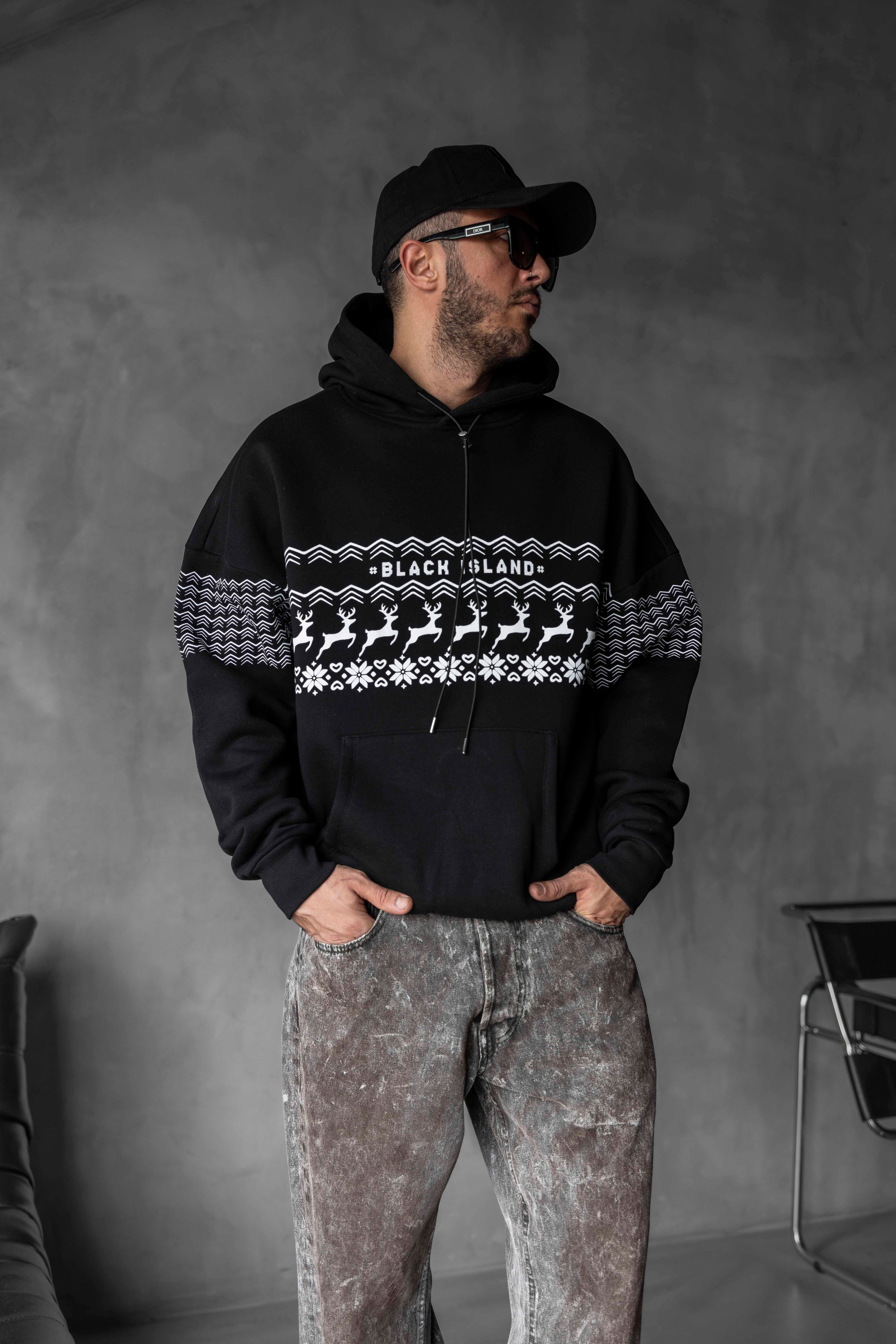 Black Island Geyik Desenli Kapüşonlu Yılbaşı Sweatshirt