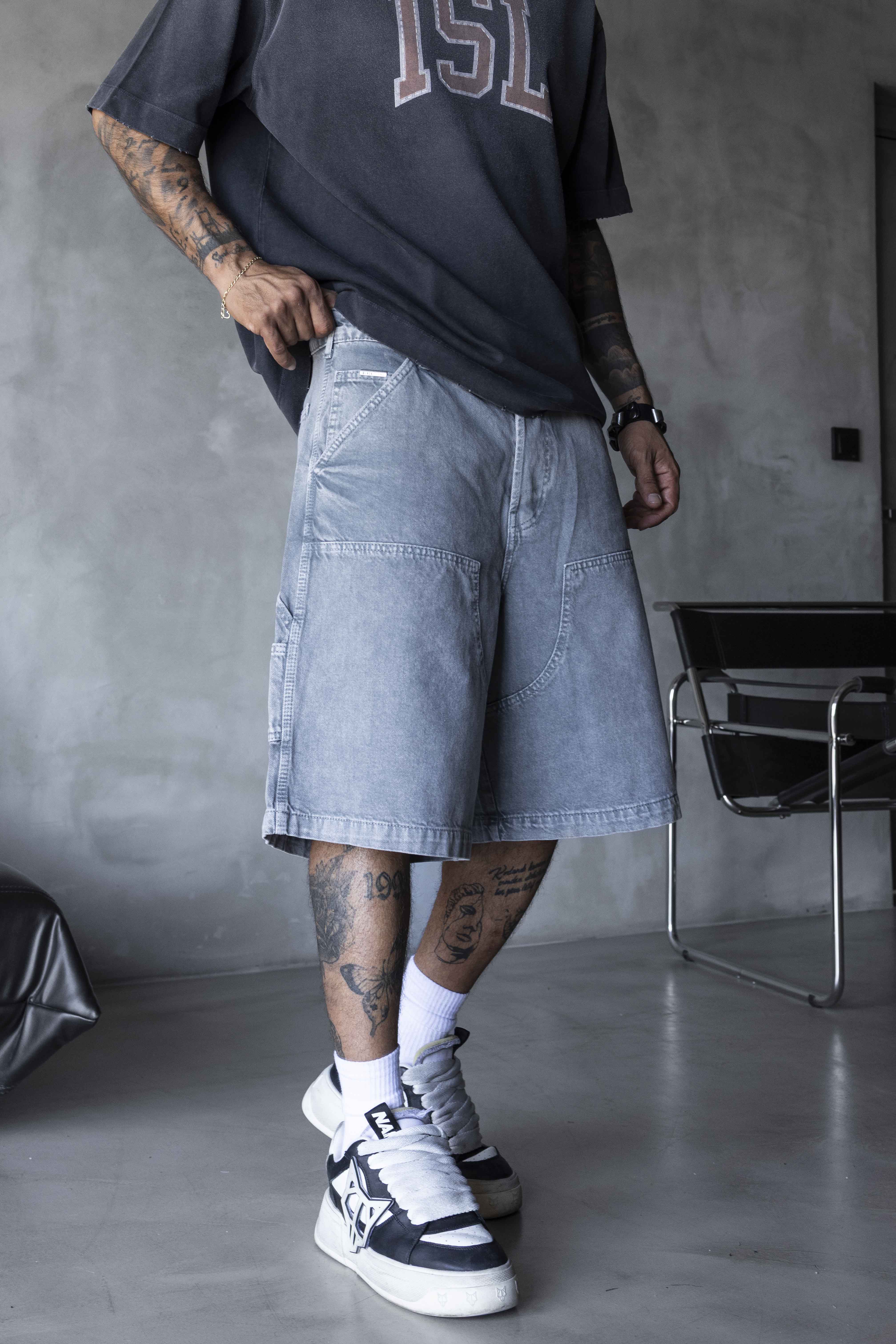 Light Washed Grey Oversized Workwear Shorts