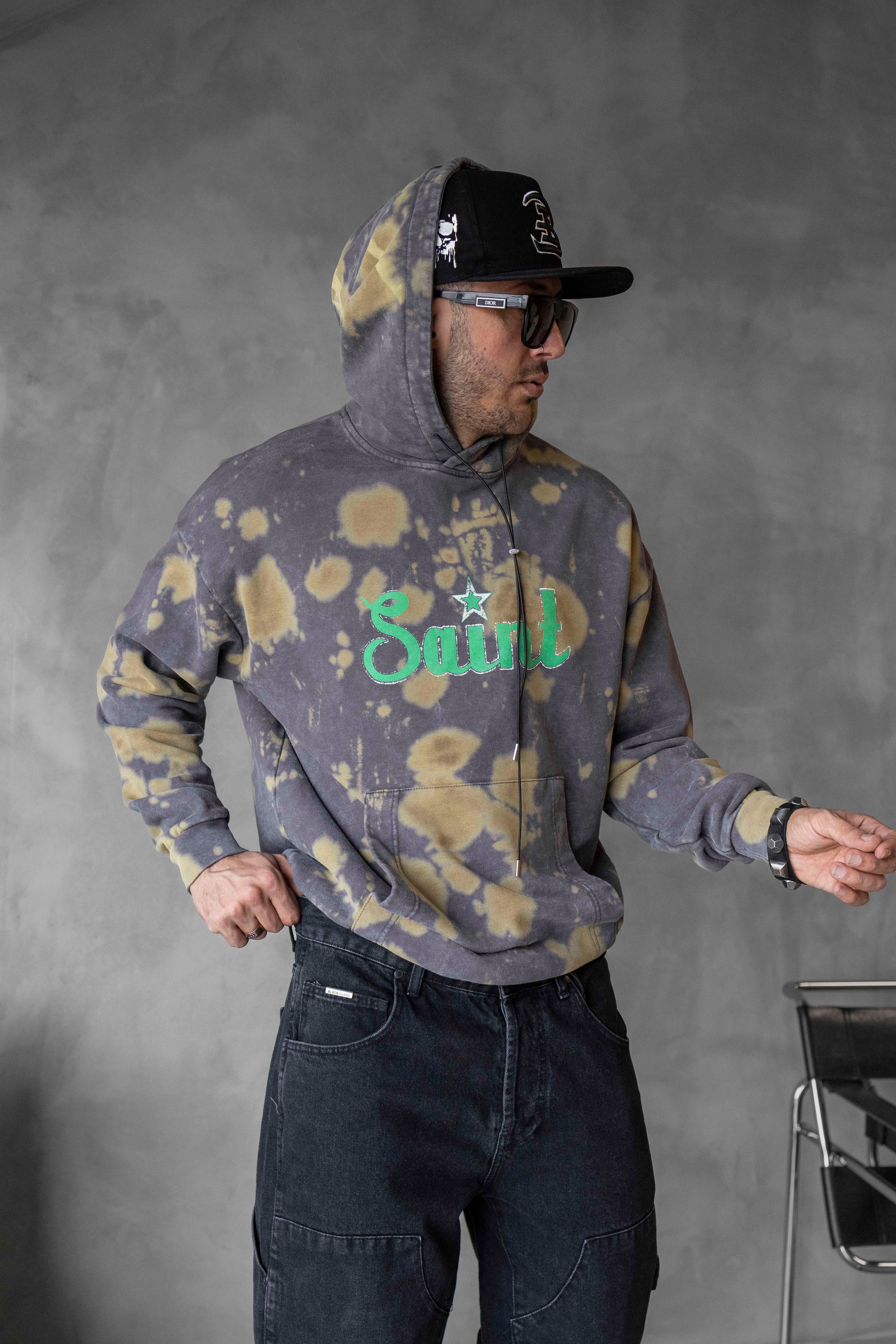 Saint Yazılı Batik Desen Kapüşonlu Sweatshirt