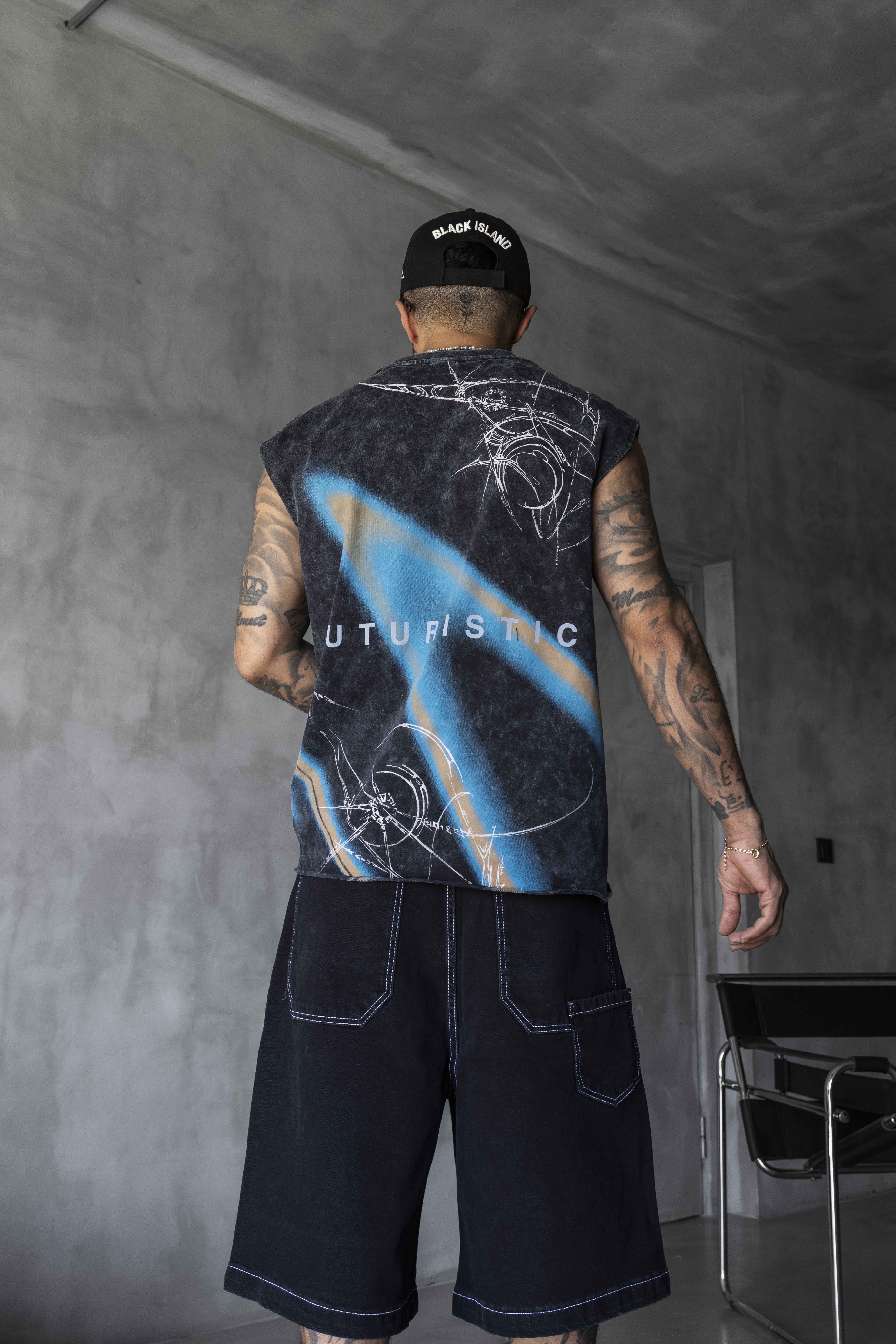 Black Island Futuristic Graphic Sleeveless T-Shirt