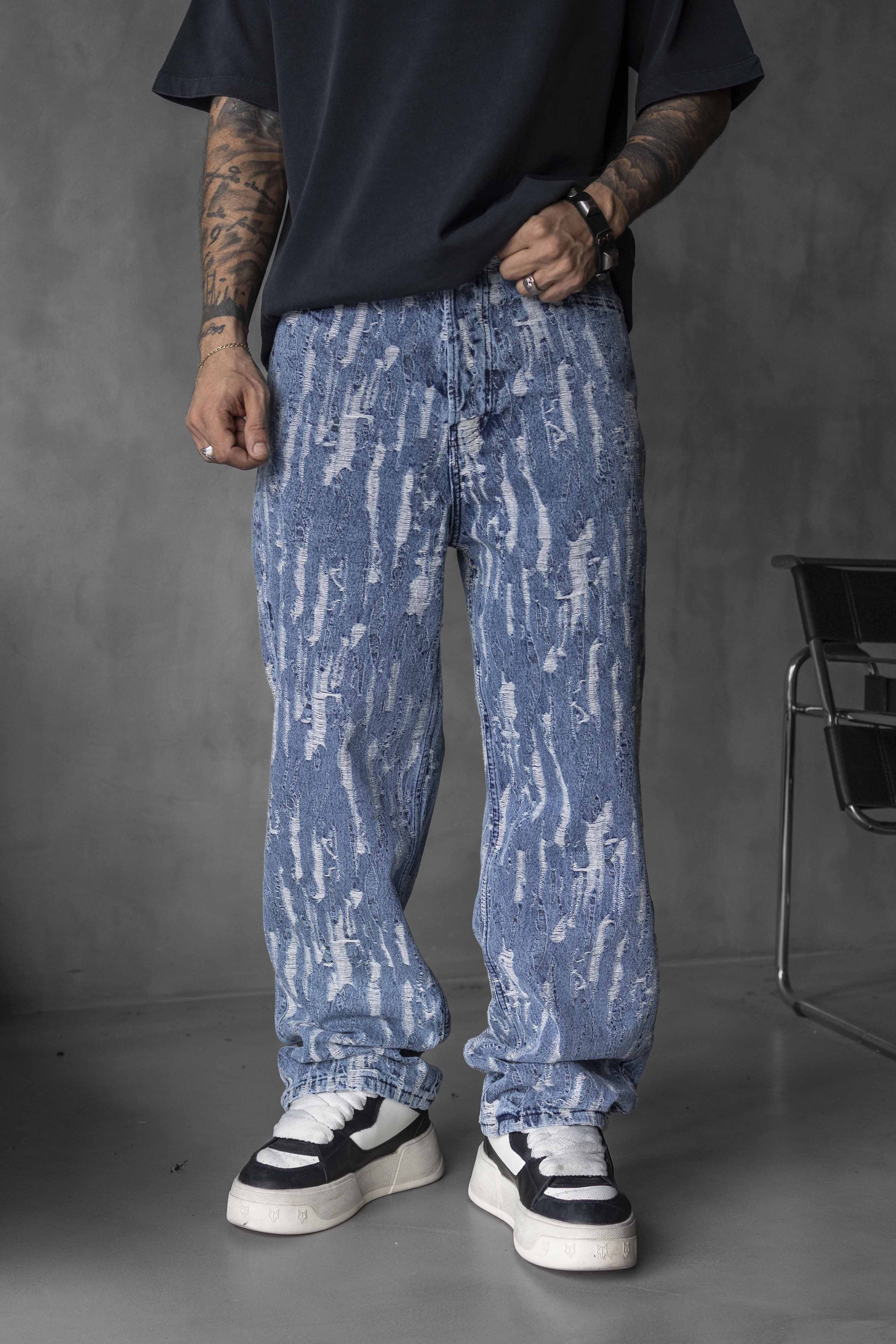 Blue Washed Distressed Denim Pants