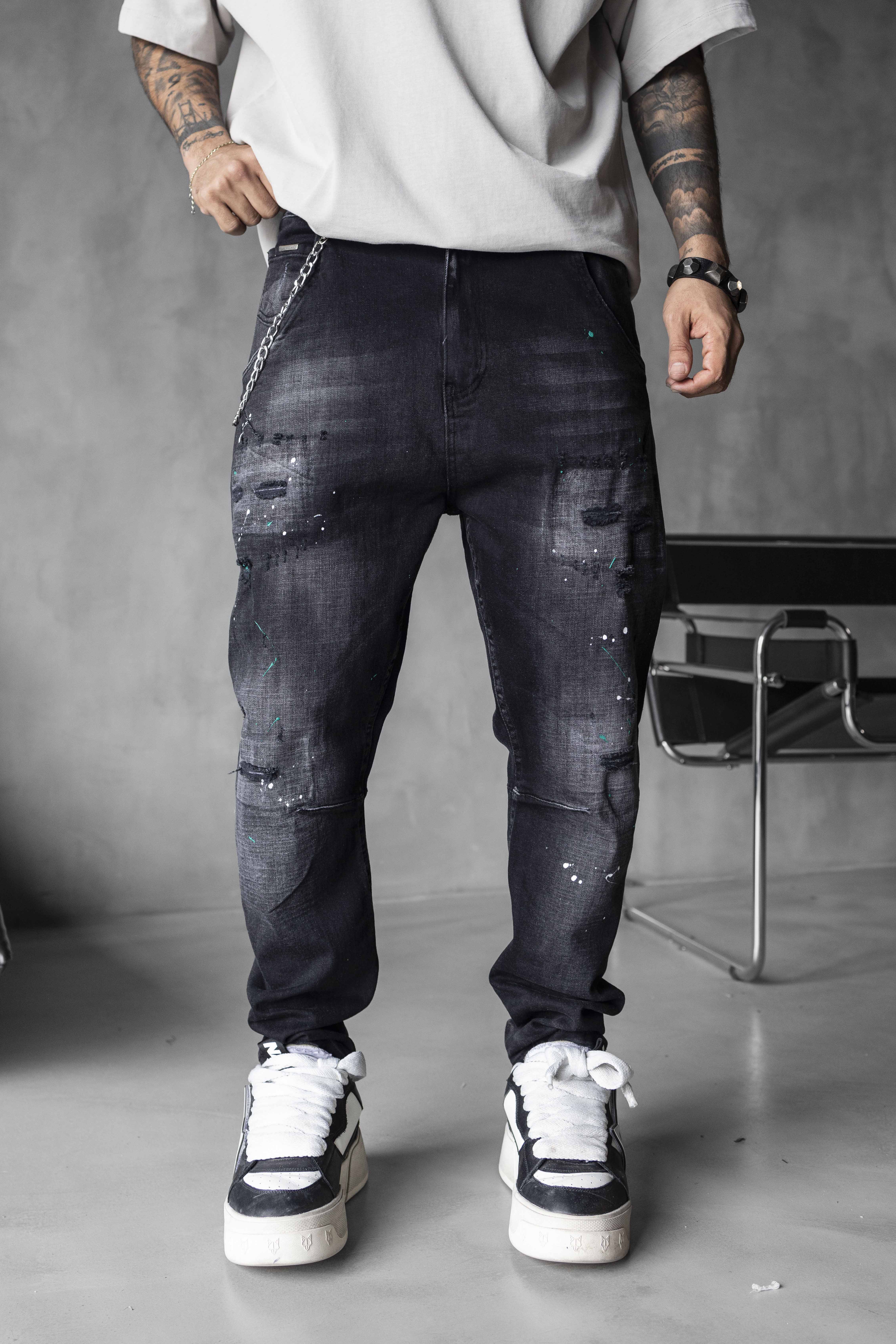 Slim Fit Washed Black Paint Splatter Ripped Jeans