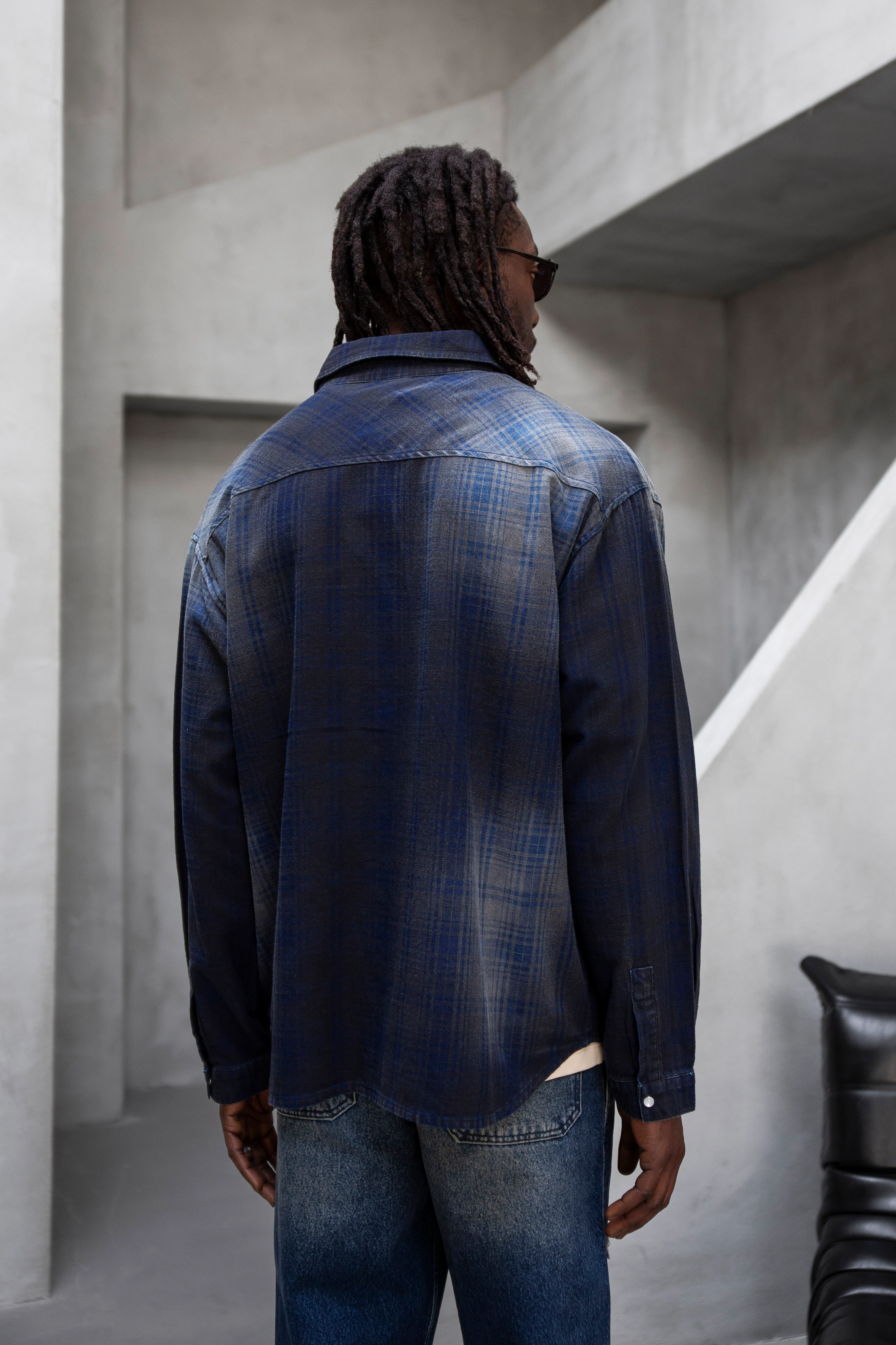 Navy Faded Plaid Button-Up Shirt