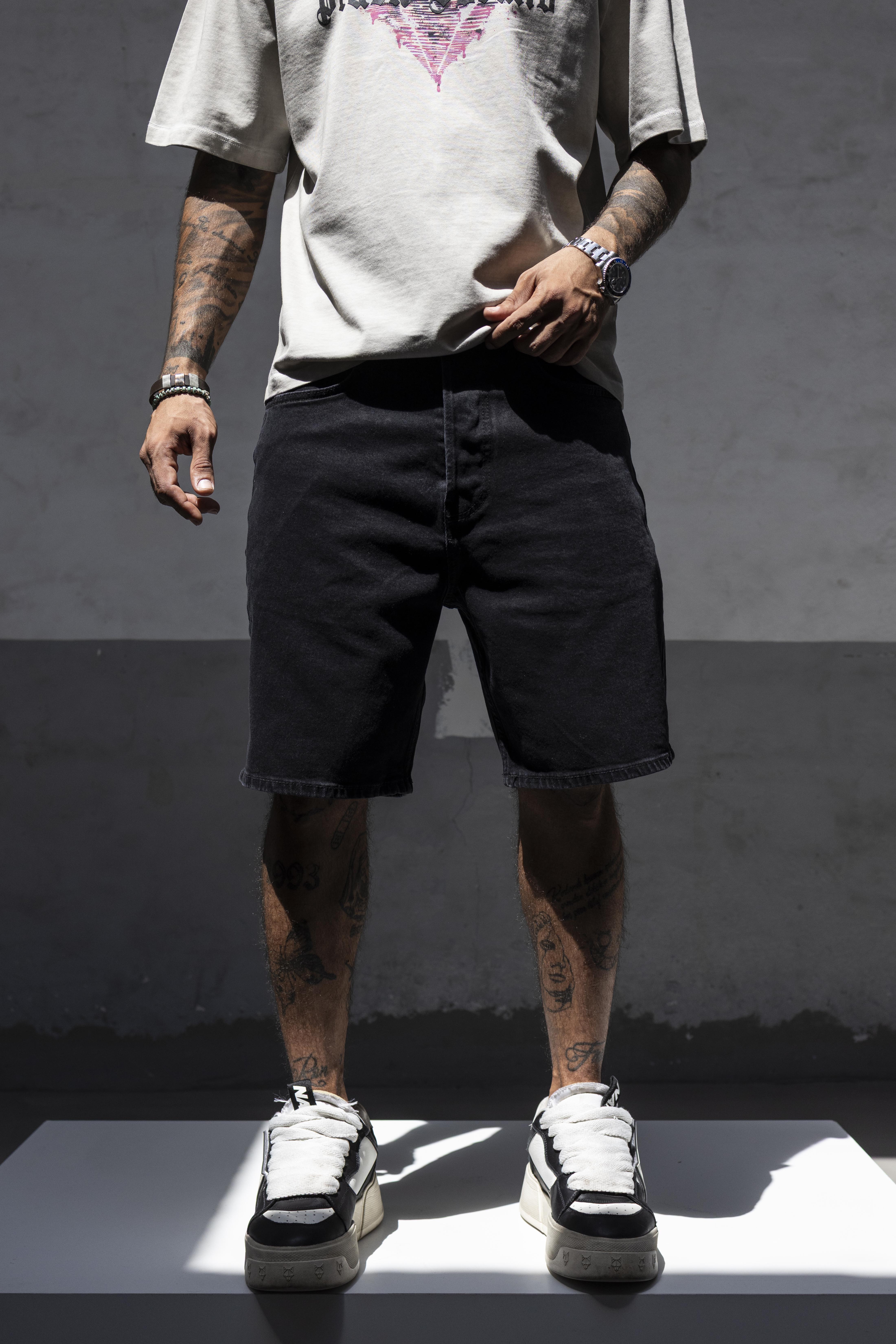 Solid Black Washed Denim Shorts