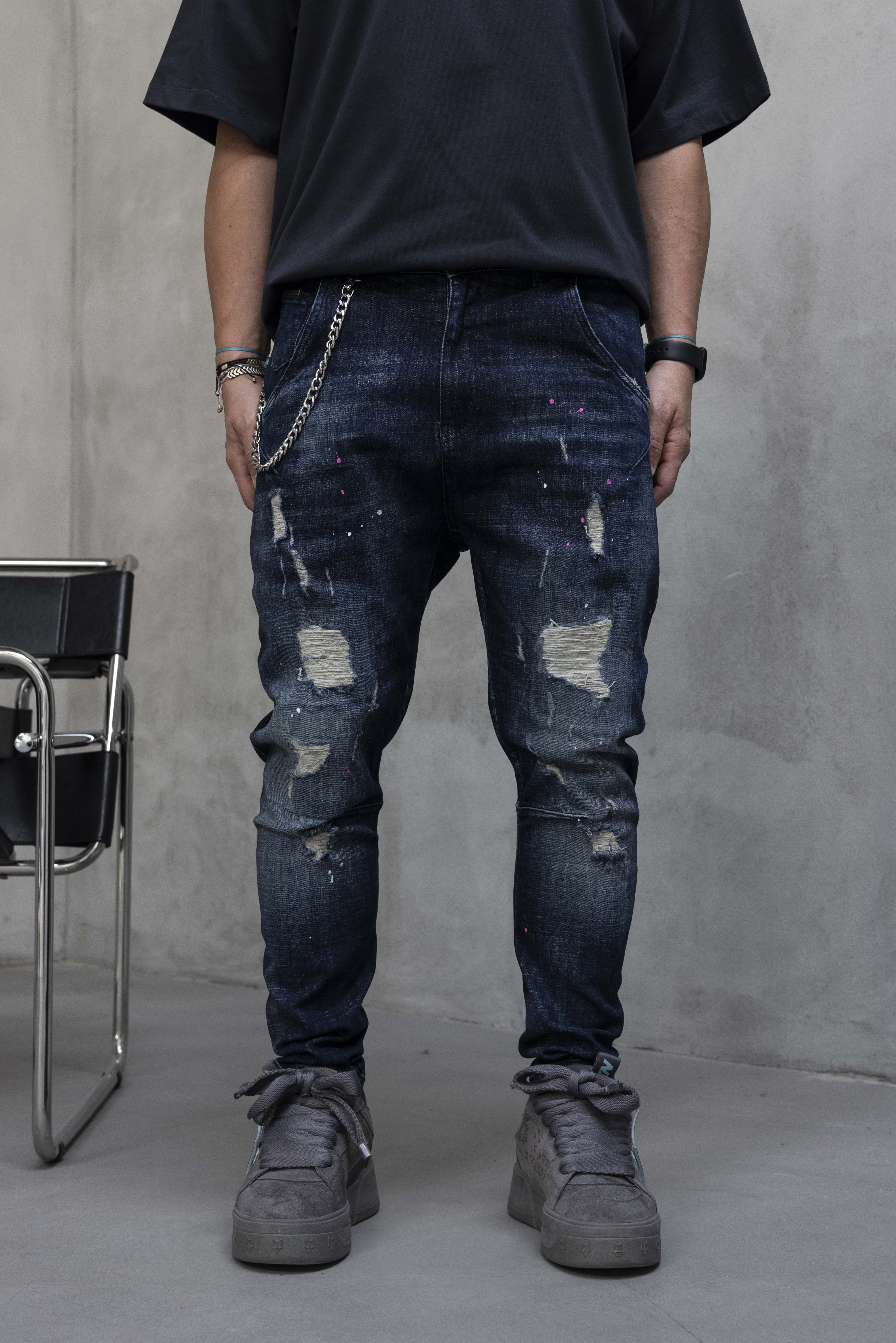 Loose Fit Dark Blue Paint Splatter Denim Jeans