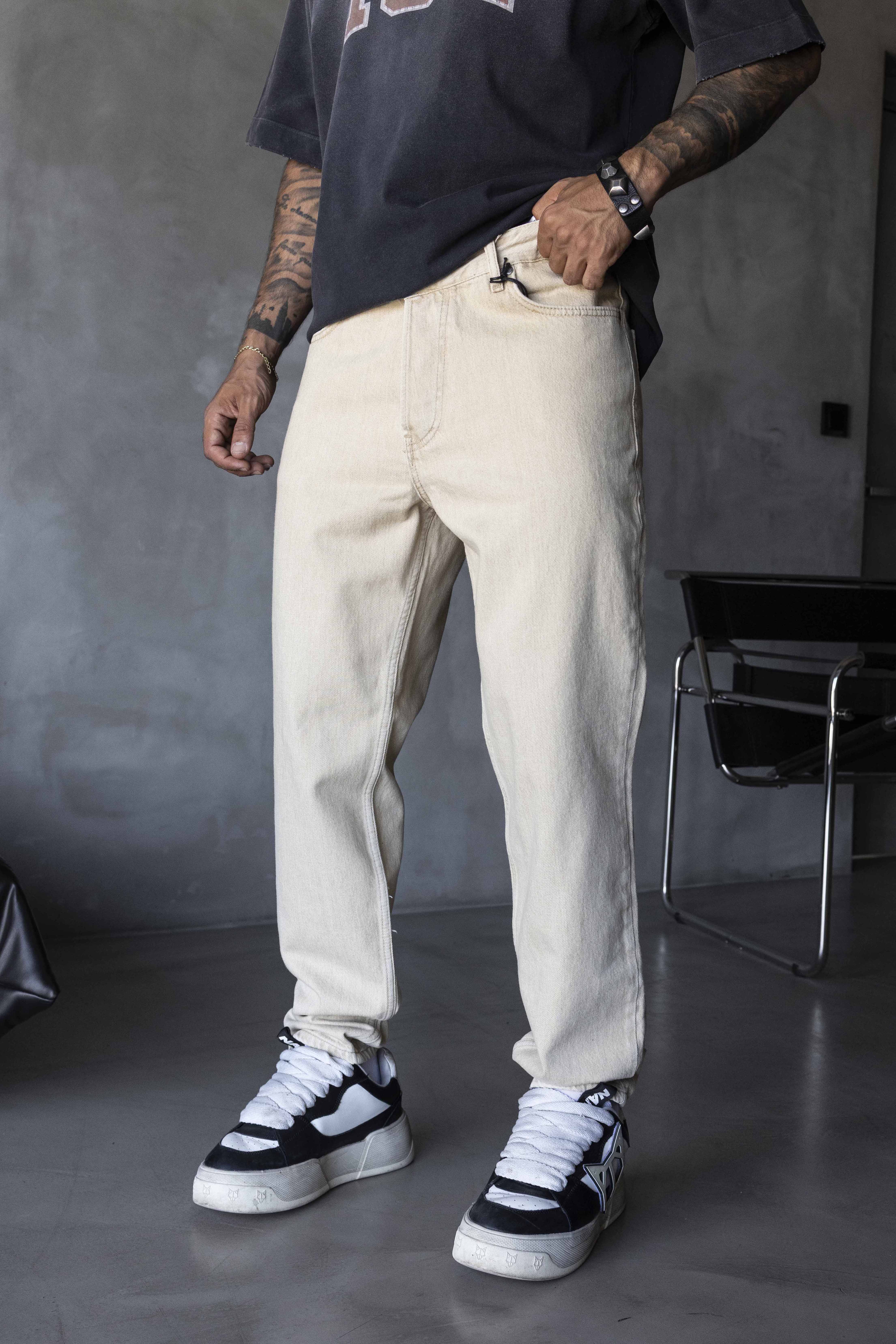 Beige Straight Fit Denim Pants