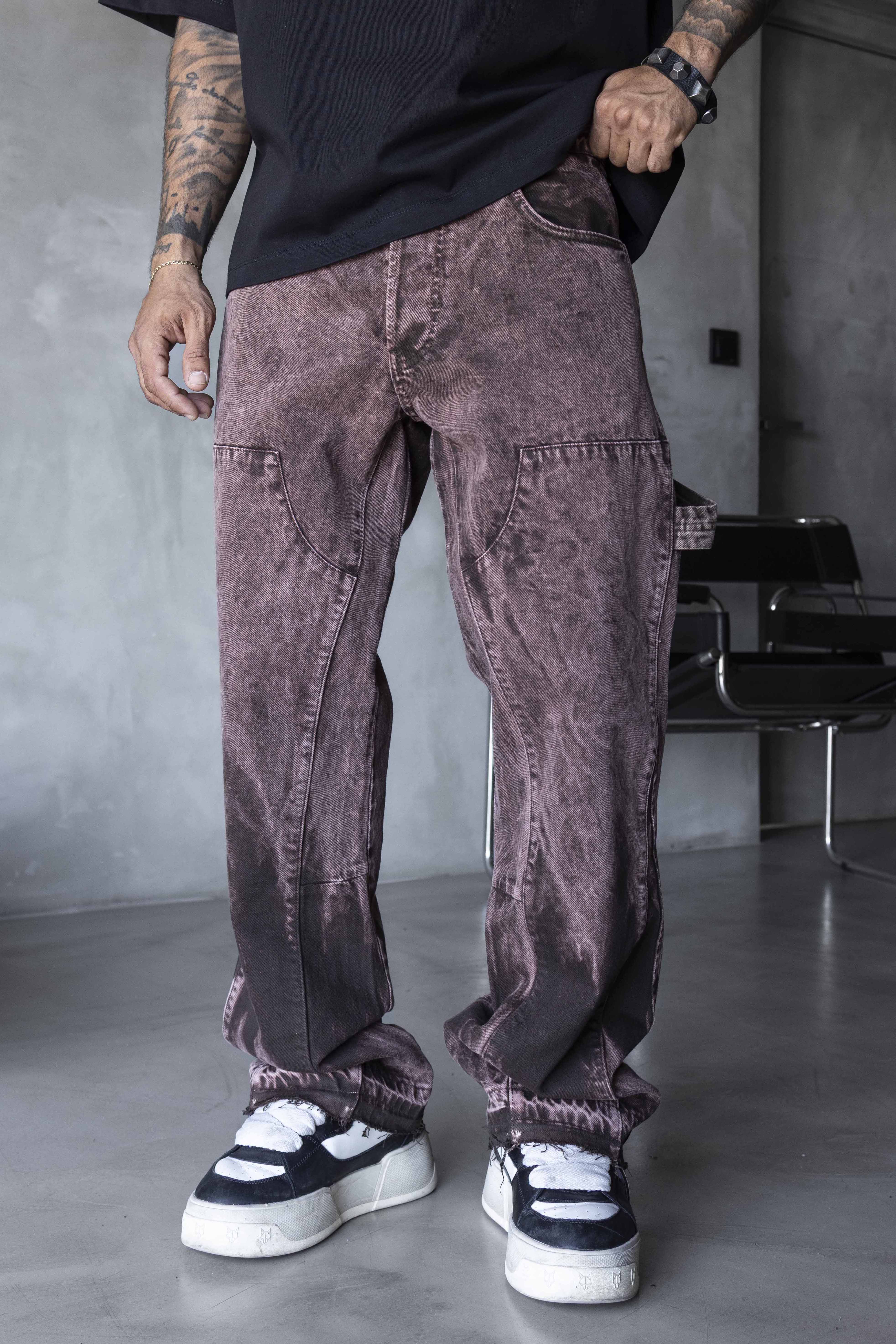 Burgundy Washed Cargo Denim Pants
