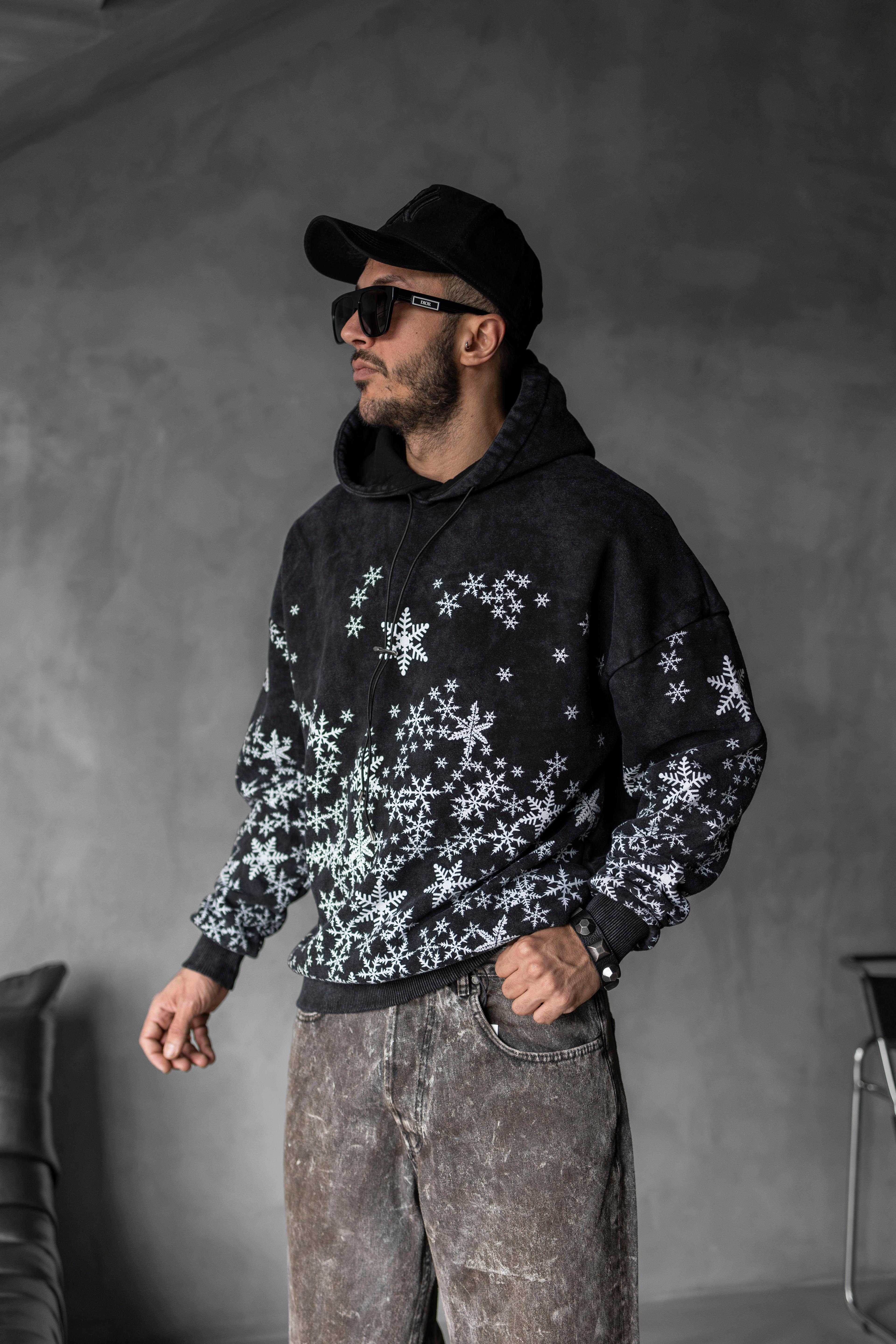 Kar Tanesi Desenli Oversize Kapüşonlu Sweatshirt