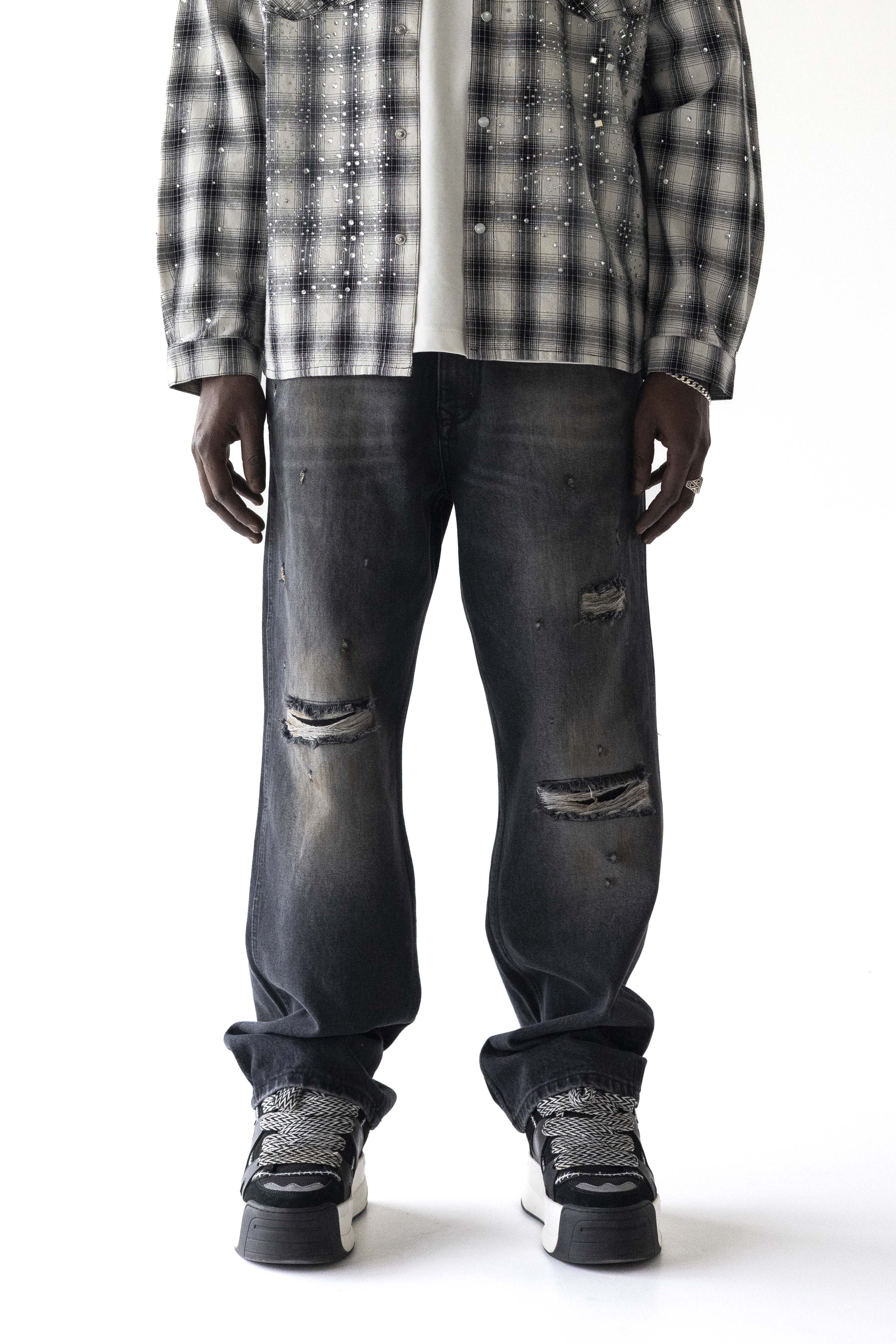 Distressed Black Washed Loose Fit Jeans