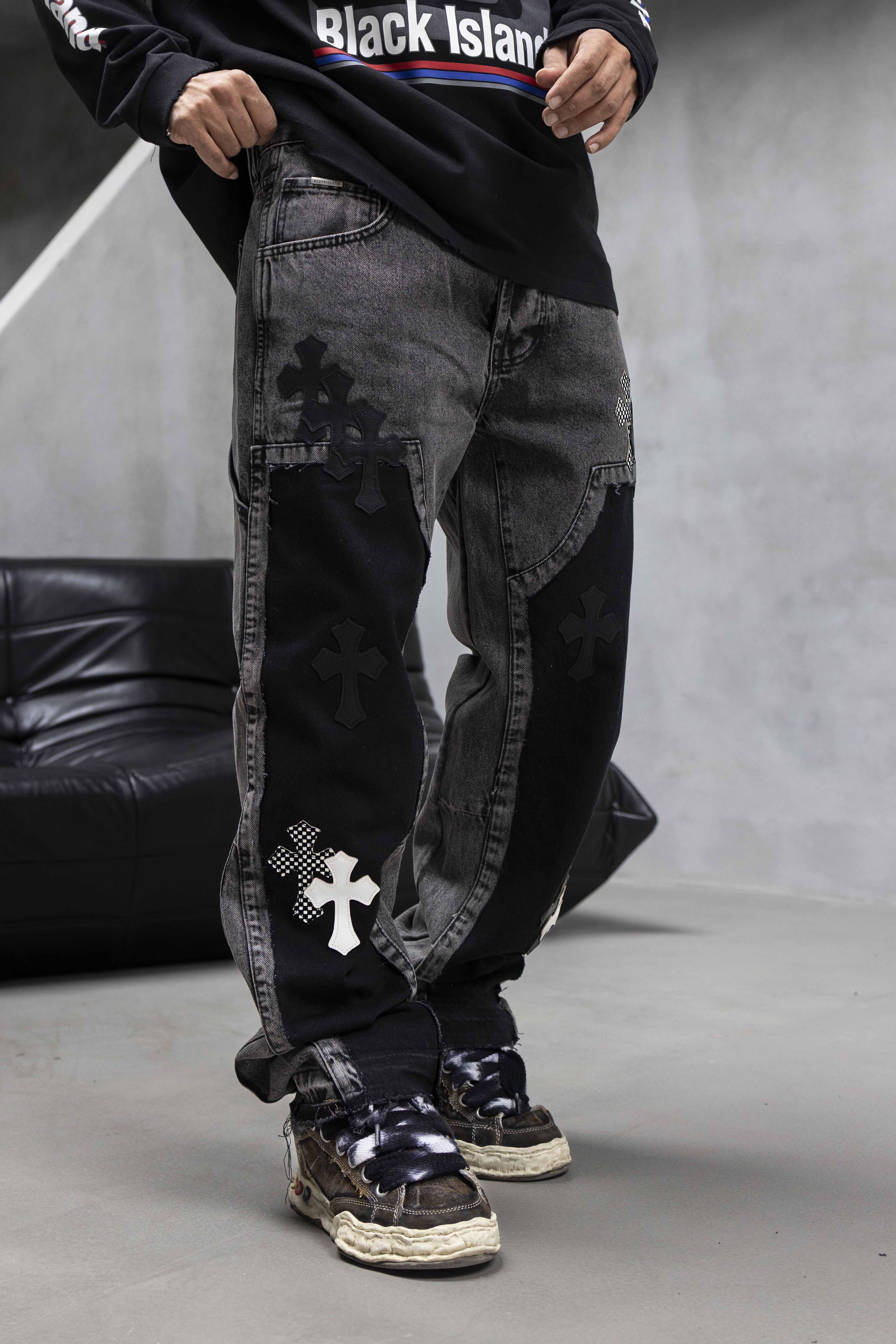 Black & Grey Cross Patchwork Denim Pants