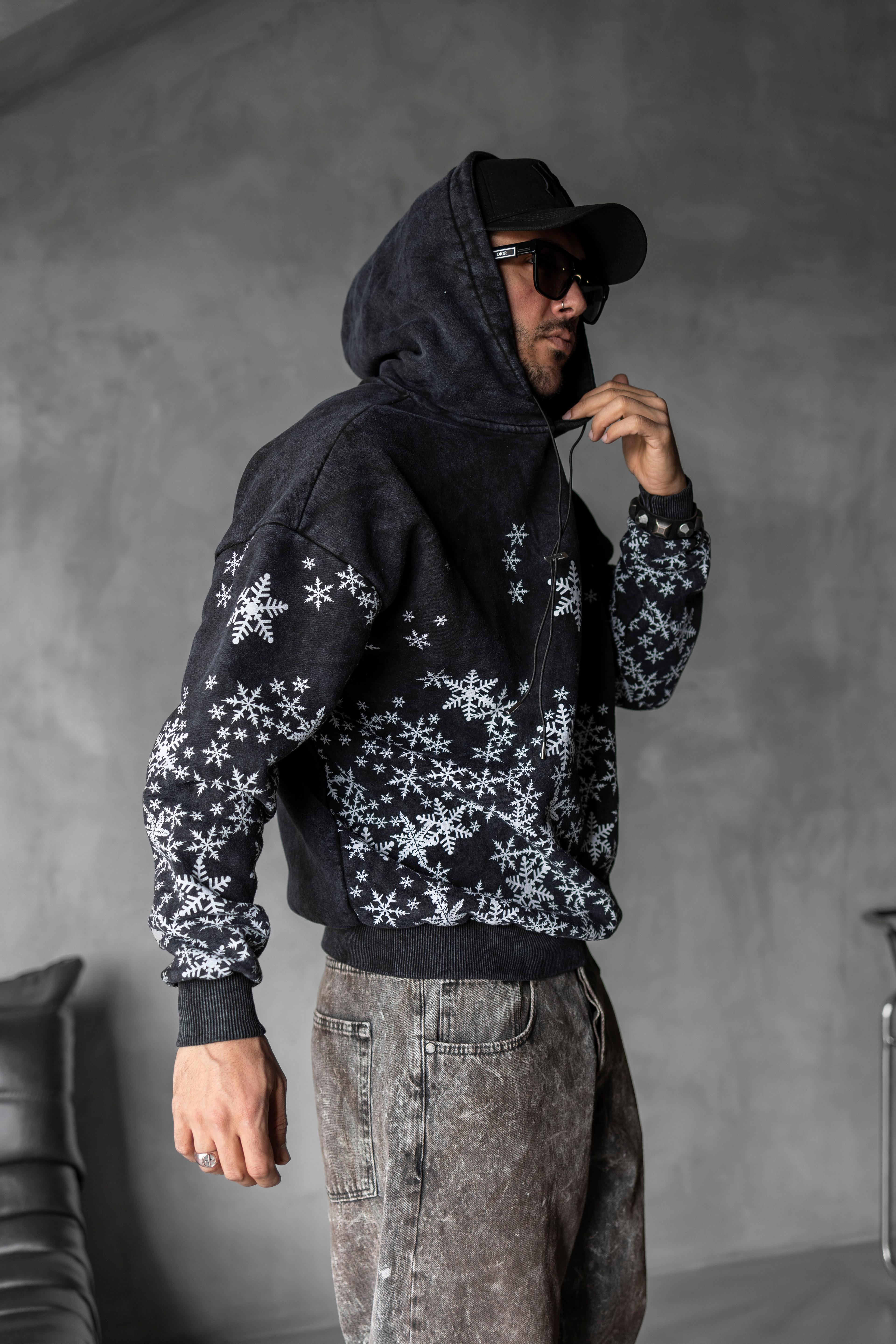 Kar Tanesi Desenli Oversize Kapüşonlu Sweatshirt