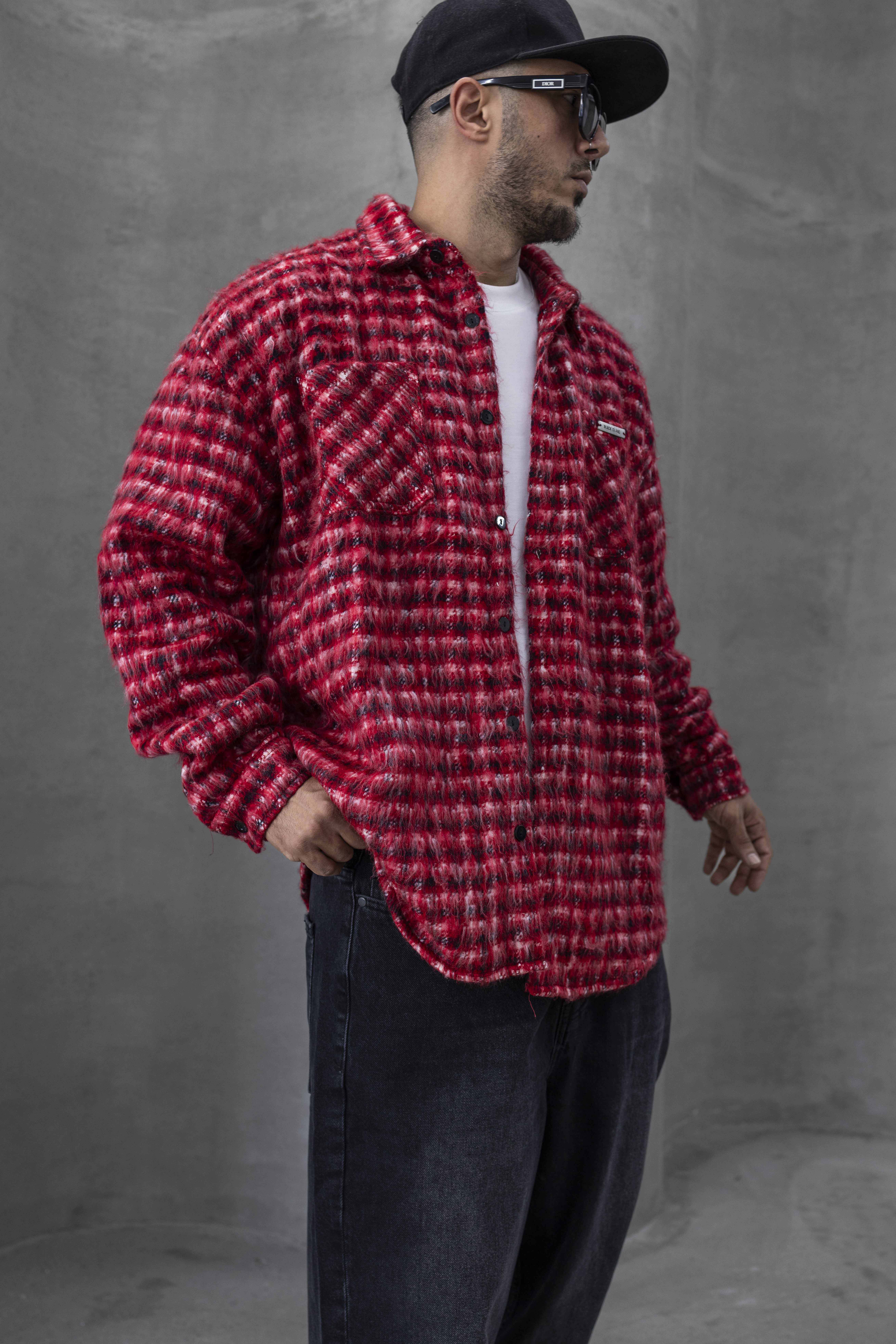 Oversized Red Textured Checkered Shacket 15367