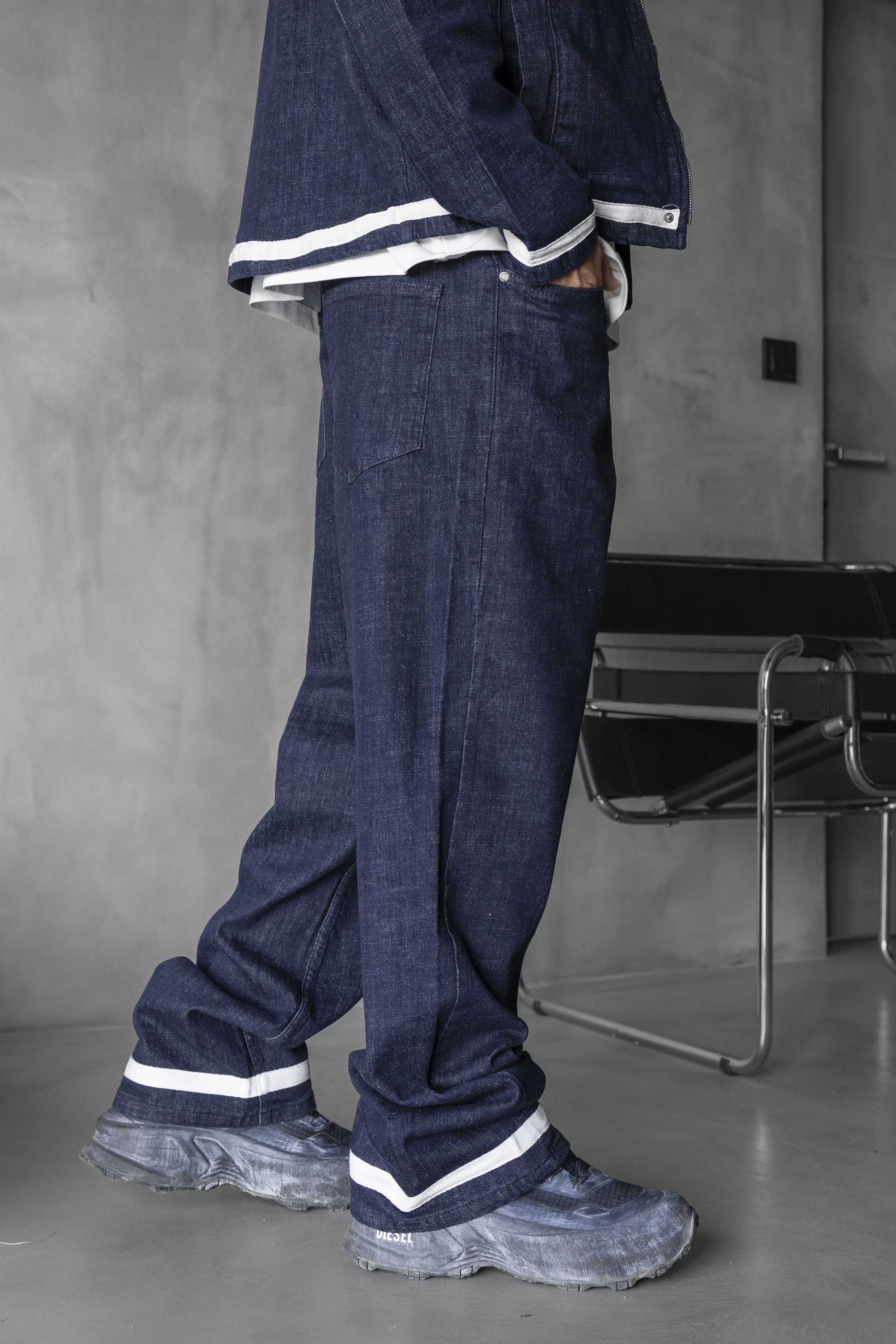 Raw Blue Wide Denim Pants with White Detail