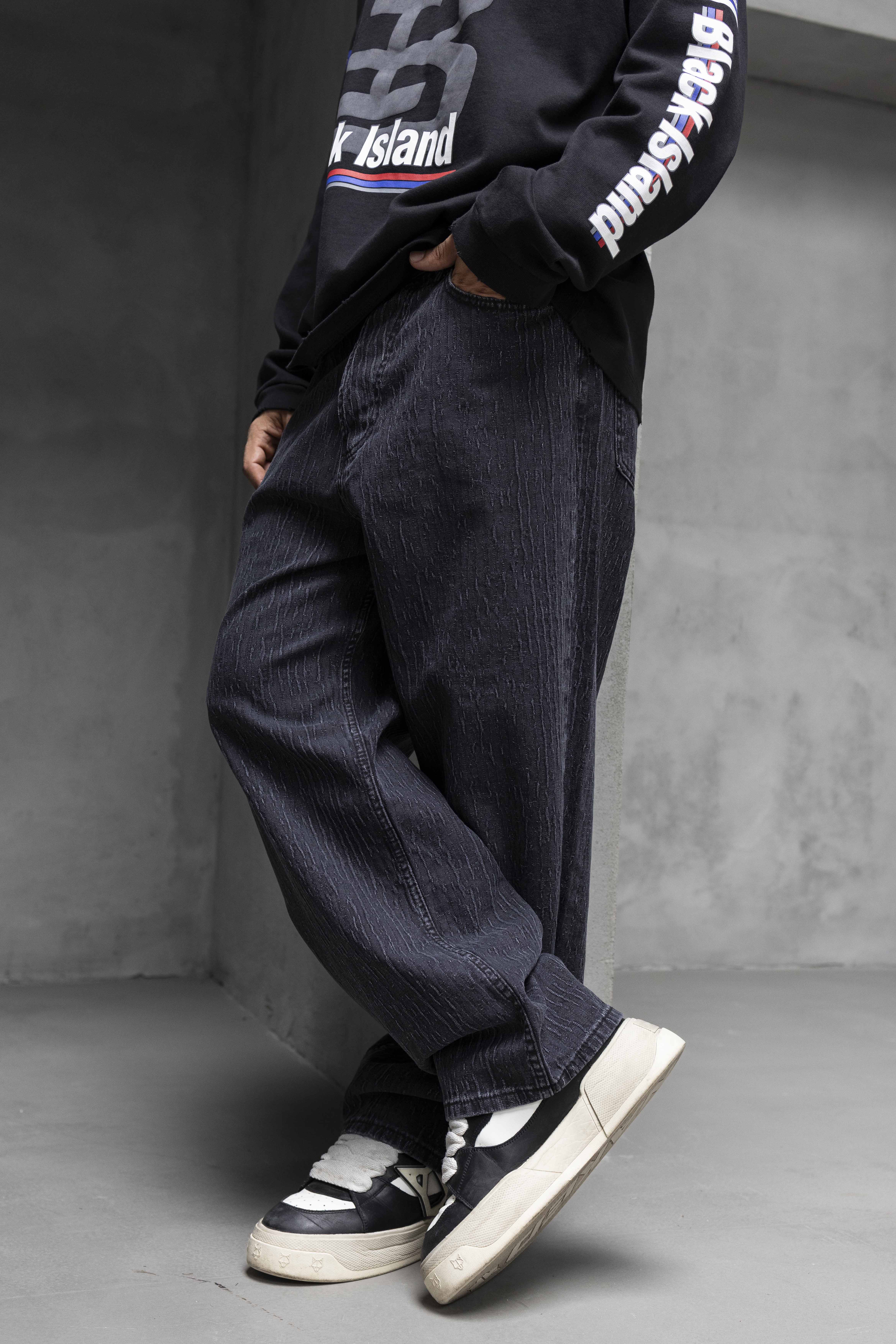 Textured Black Denim Pants