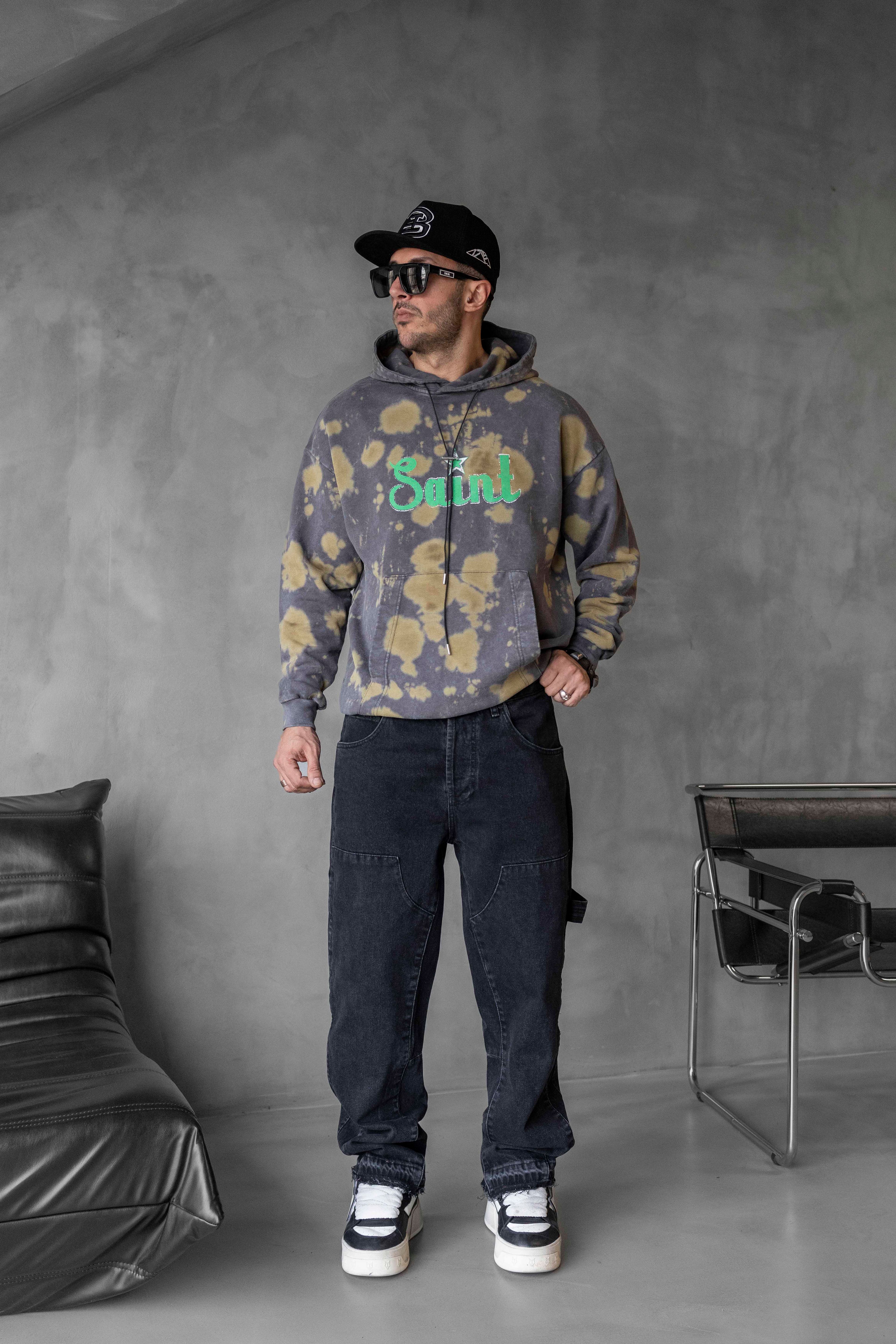 Saint Yazılı Batik Desen Kapüşonlu Sweatshirt - GRİ