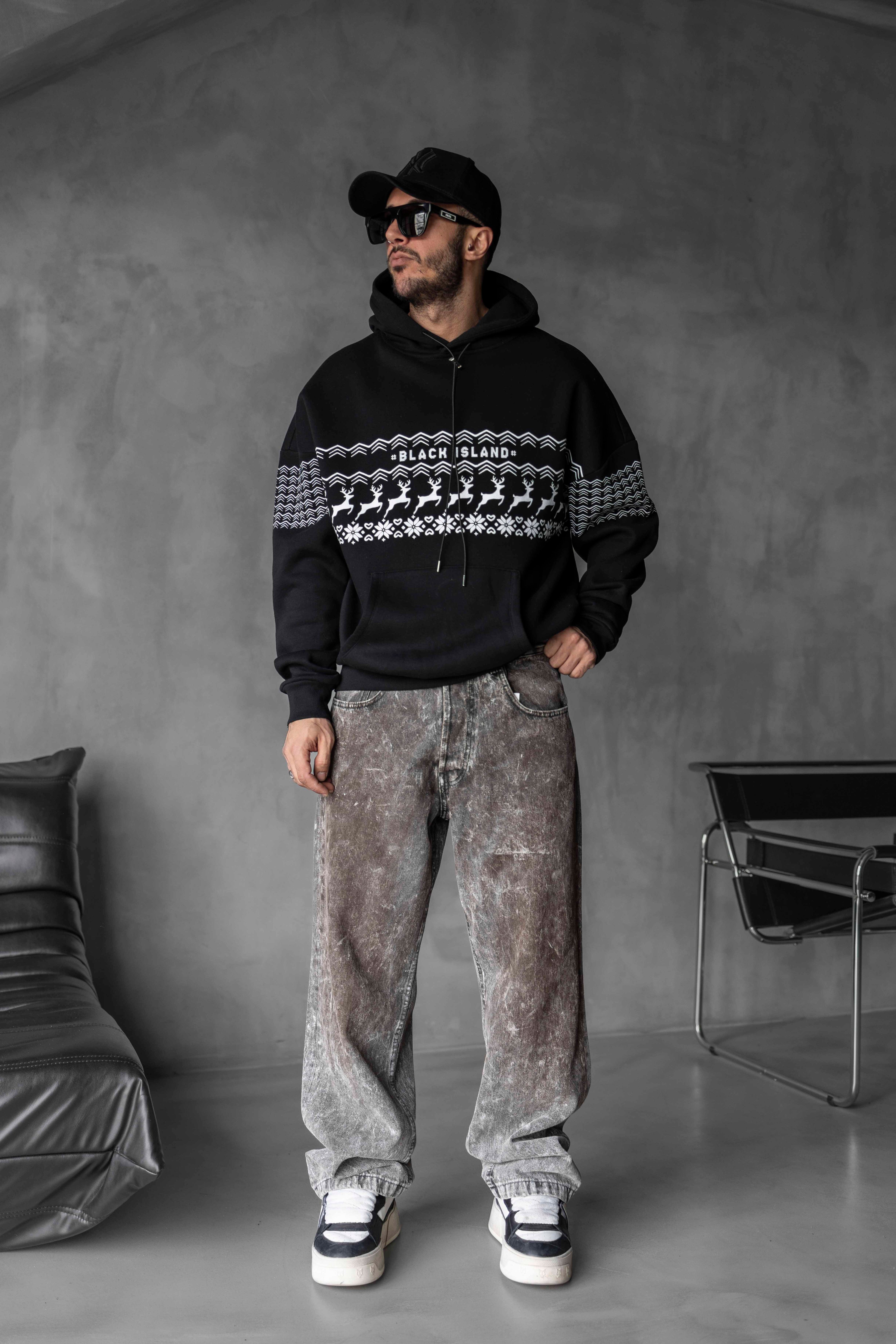 Black Island Geyik Desenli Kapüşonlu Yılbaşı Sweatshirt