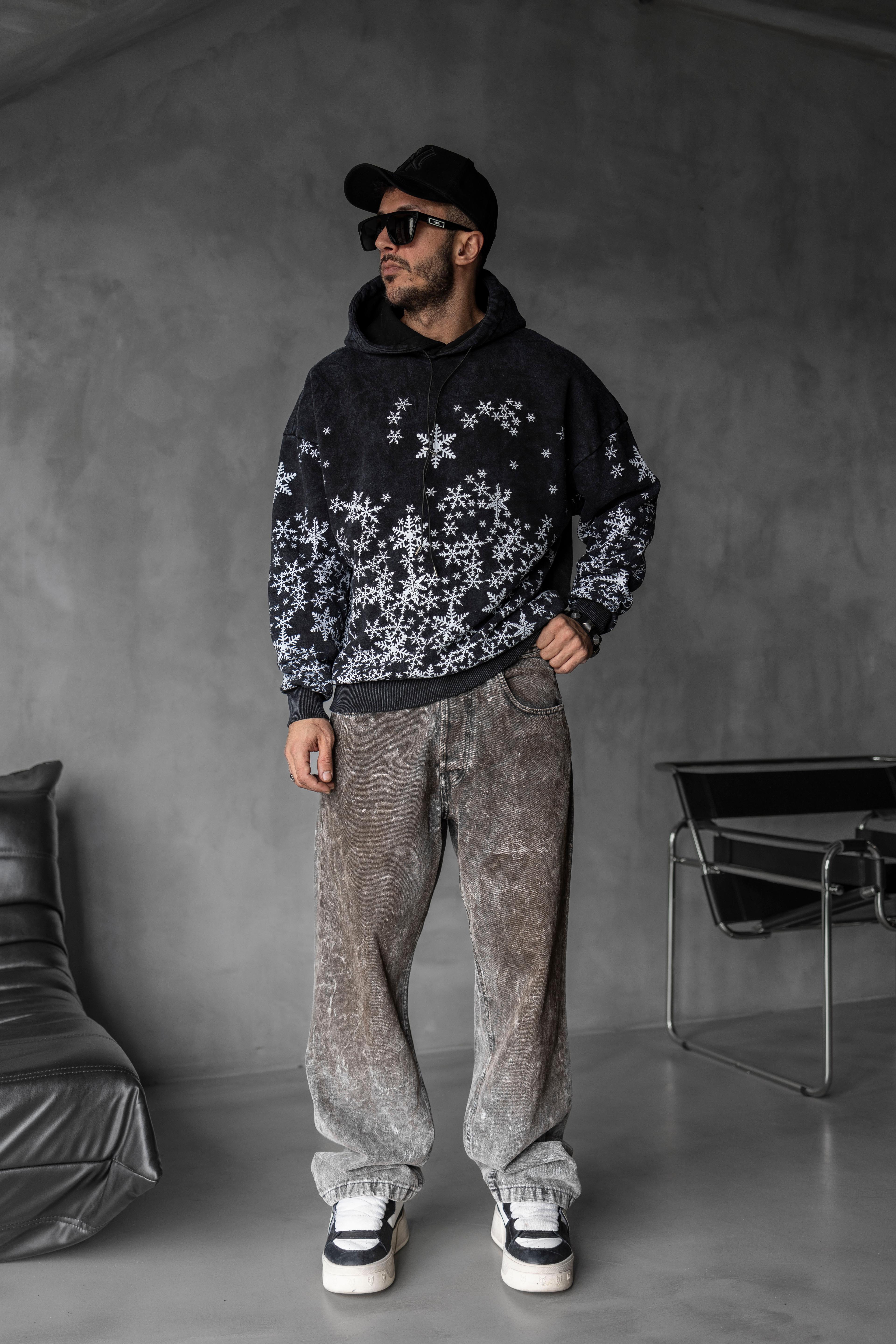 Kar Tanesi Desenli Oversize Kapüşonlu Sweatshirt - SİYAH