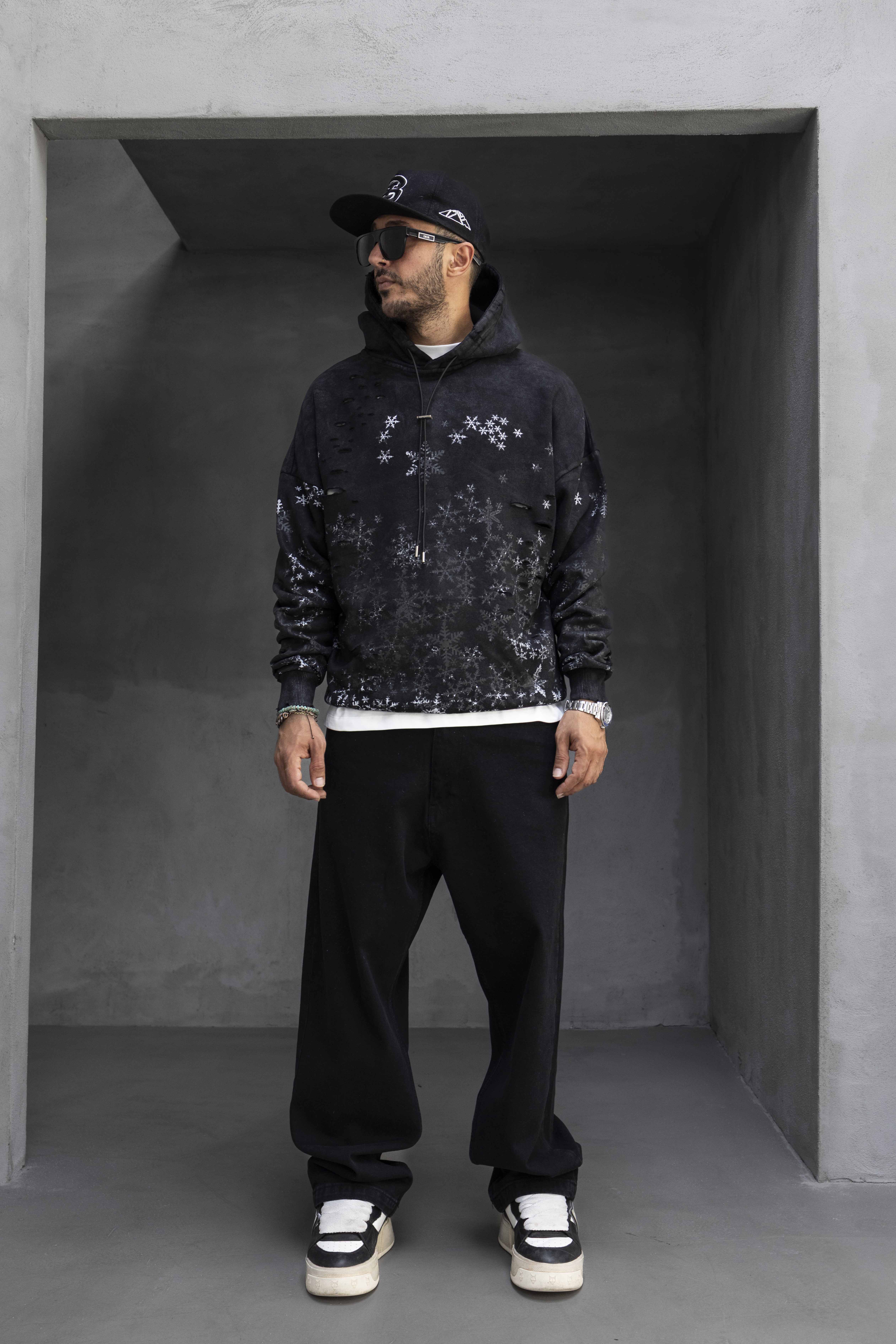 Black Island Snowflake Distressed Hoodie