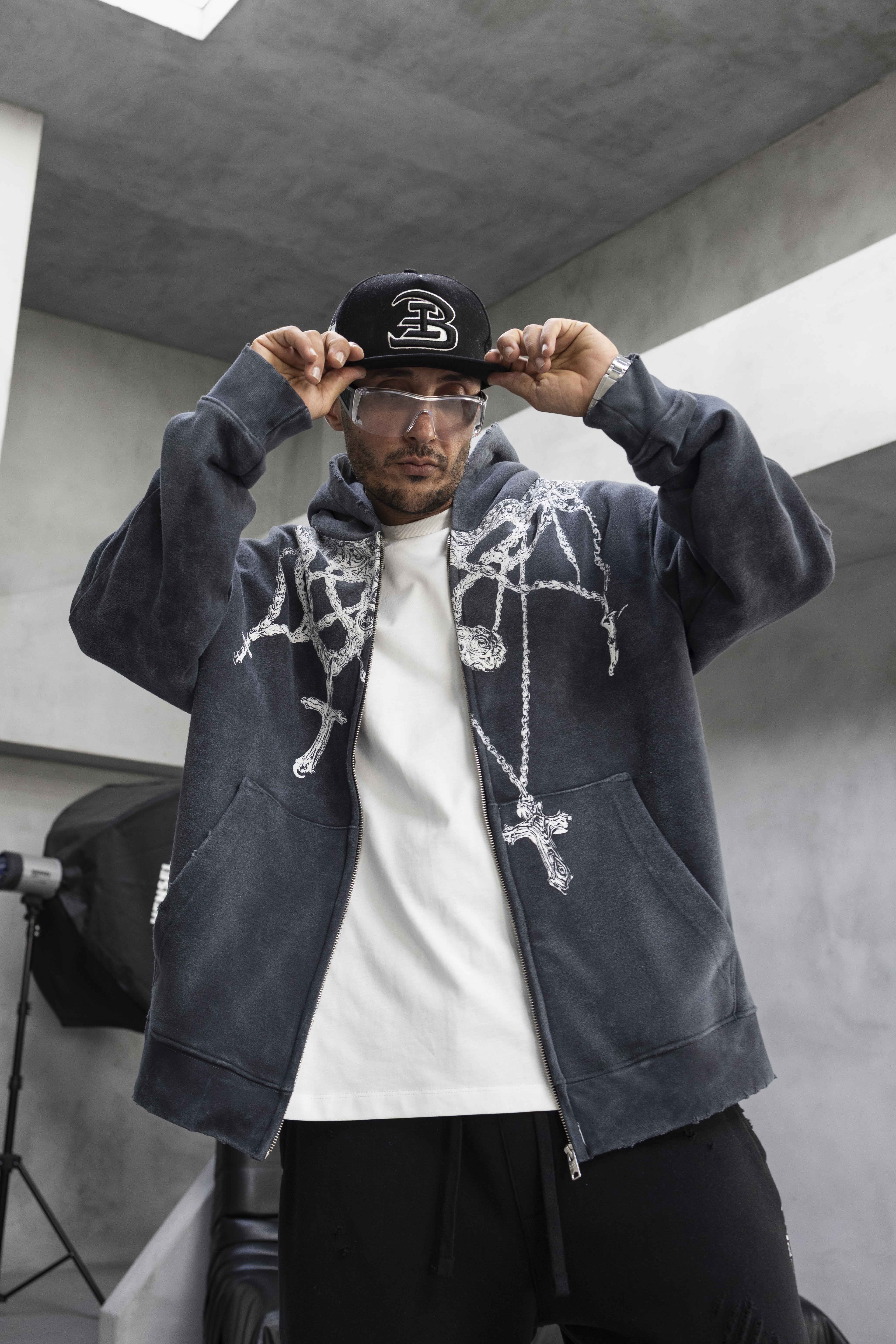 Black Island Oversized “Gothic Cross Chains” Zip Hoodie