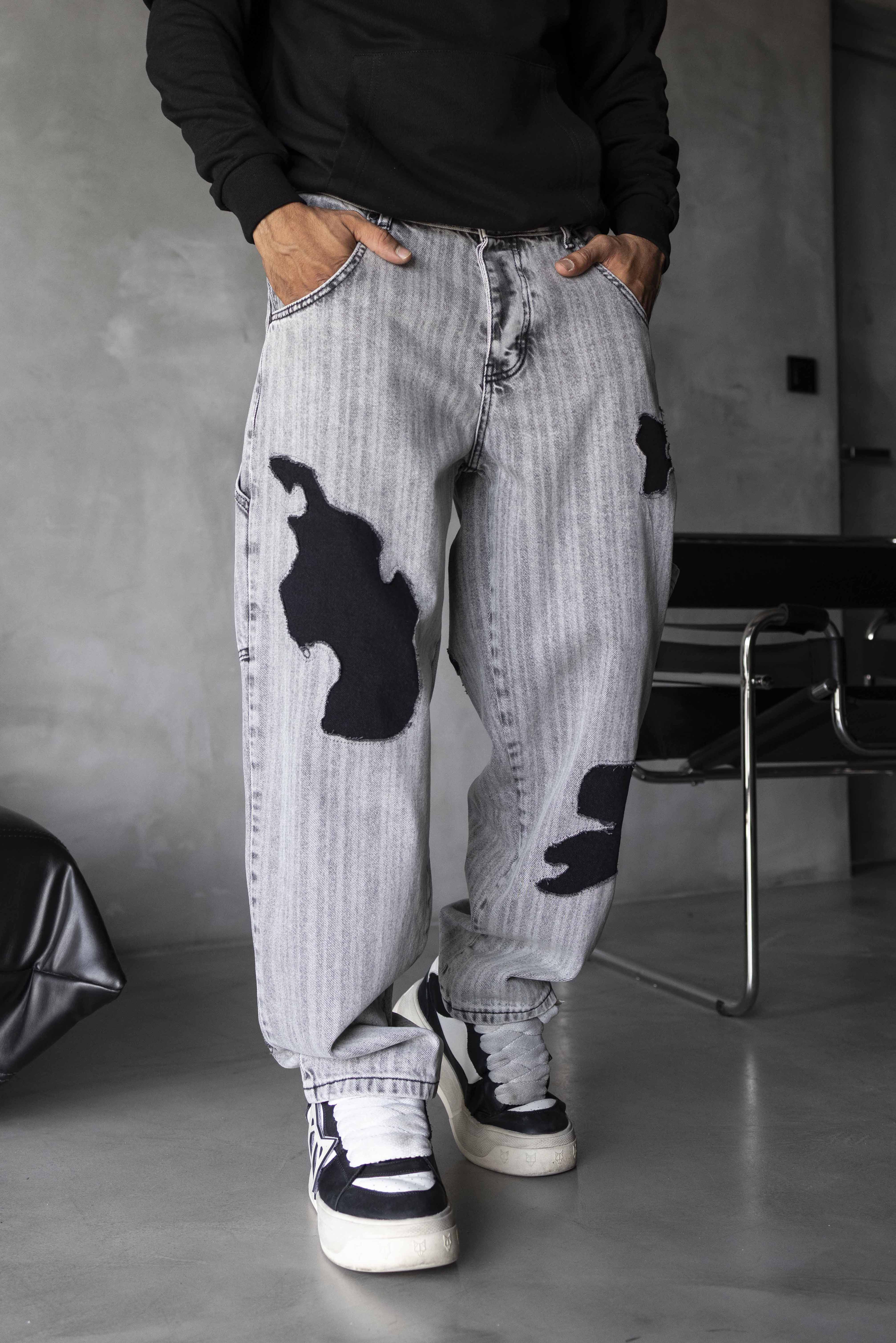 Grey Washed Denim Pants with Black Patch Details