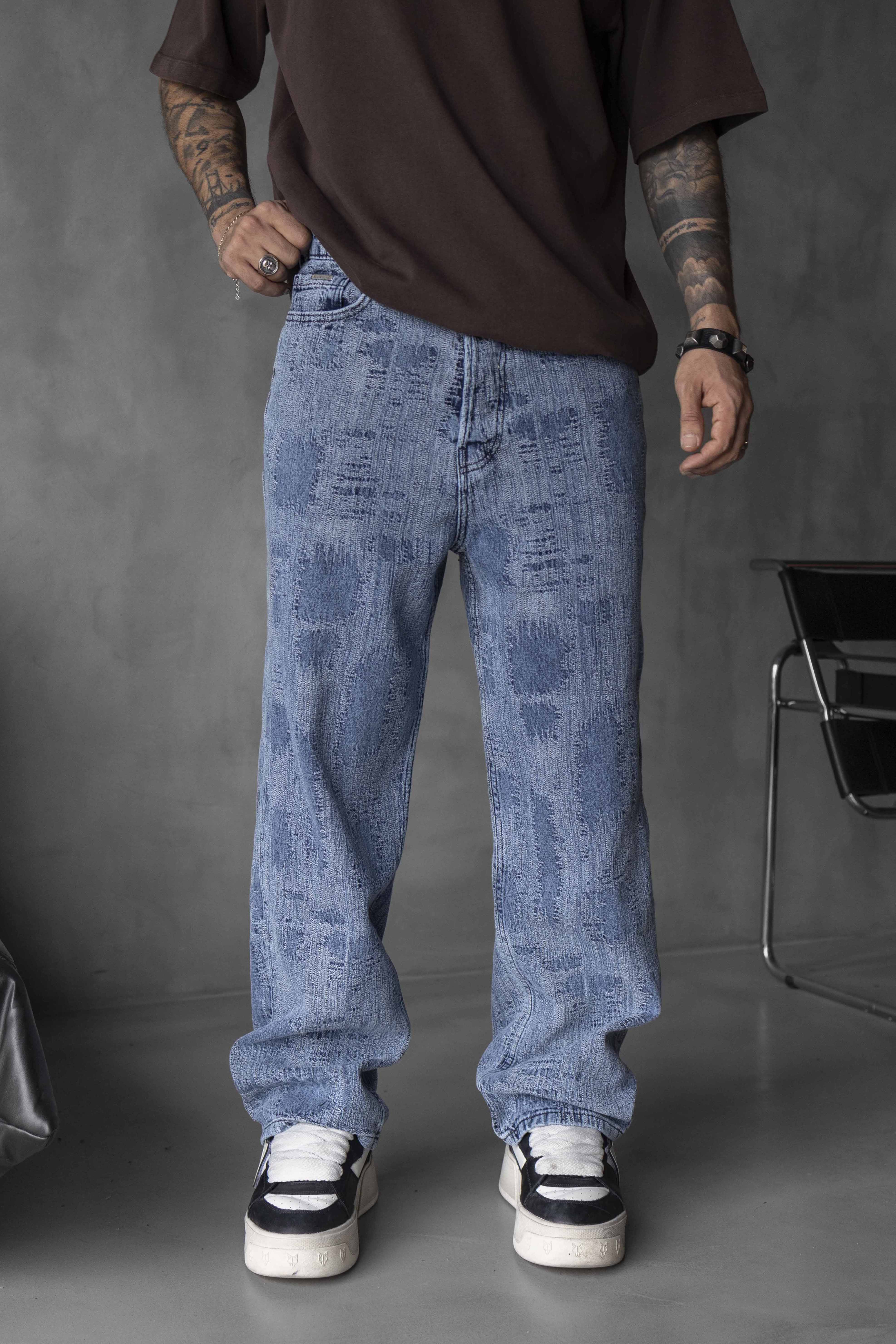 Blue Distressed Texture Denim Pants