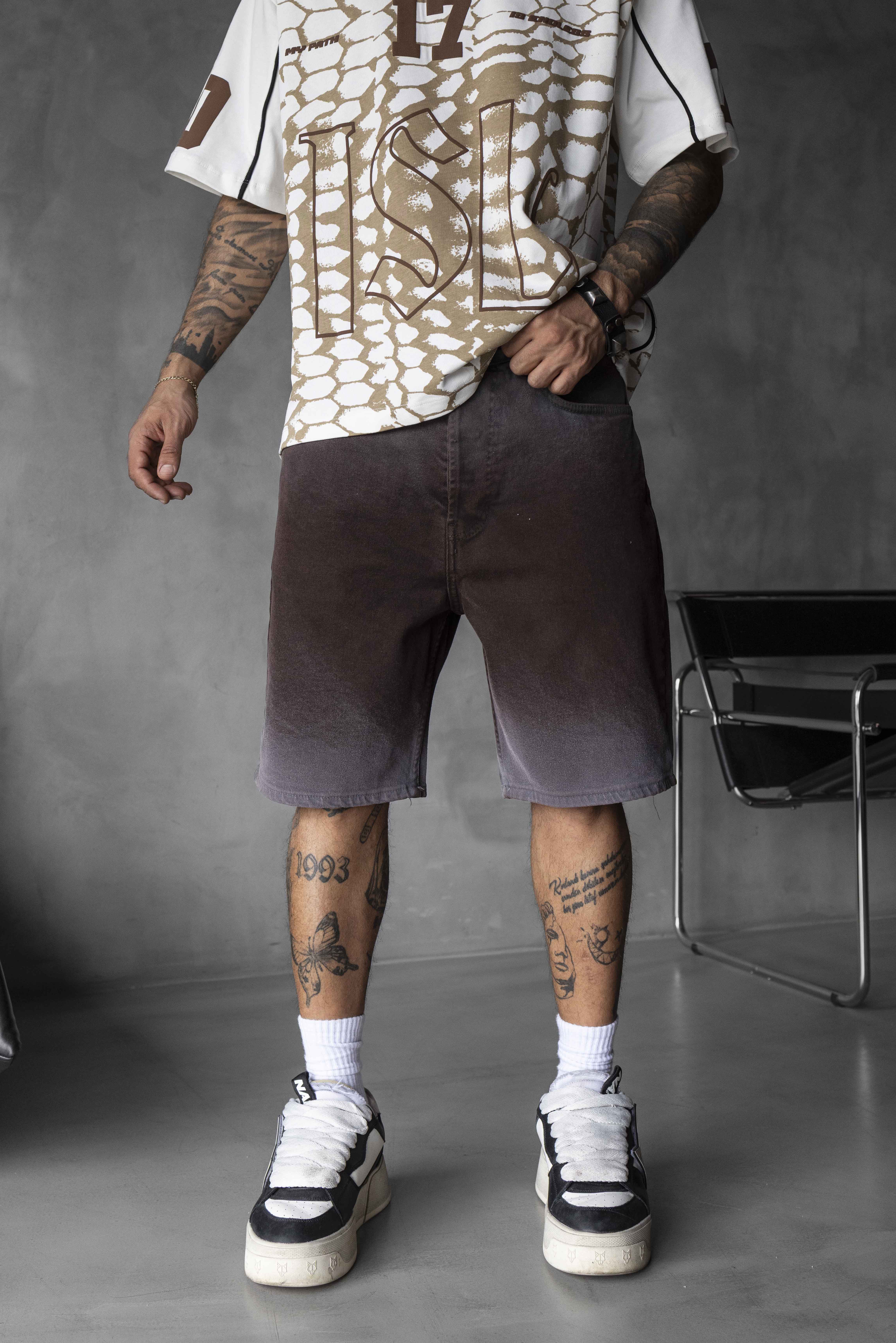 Brown Gradient Washed Denim Shorts