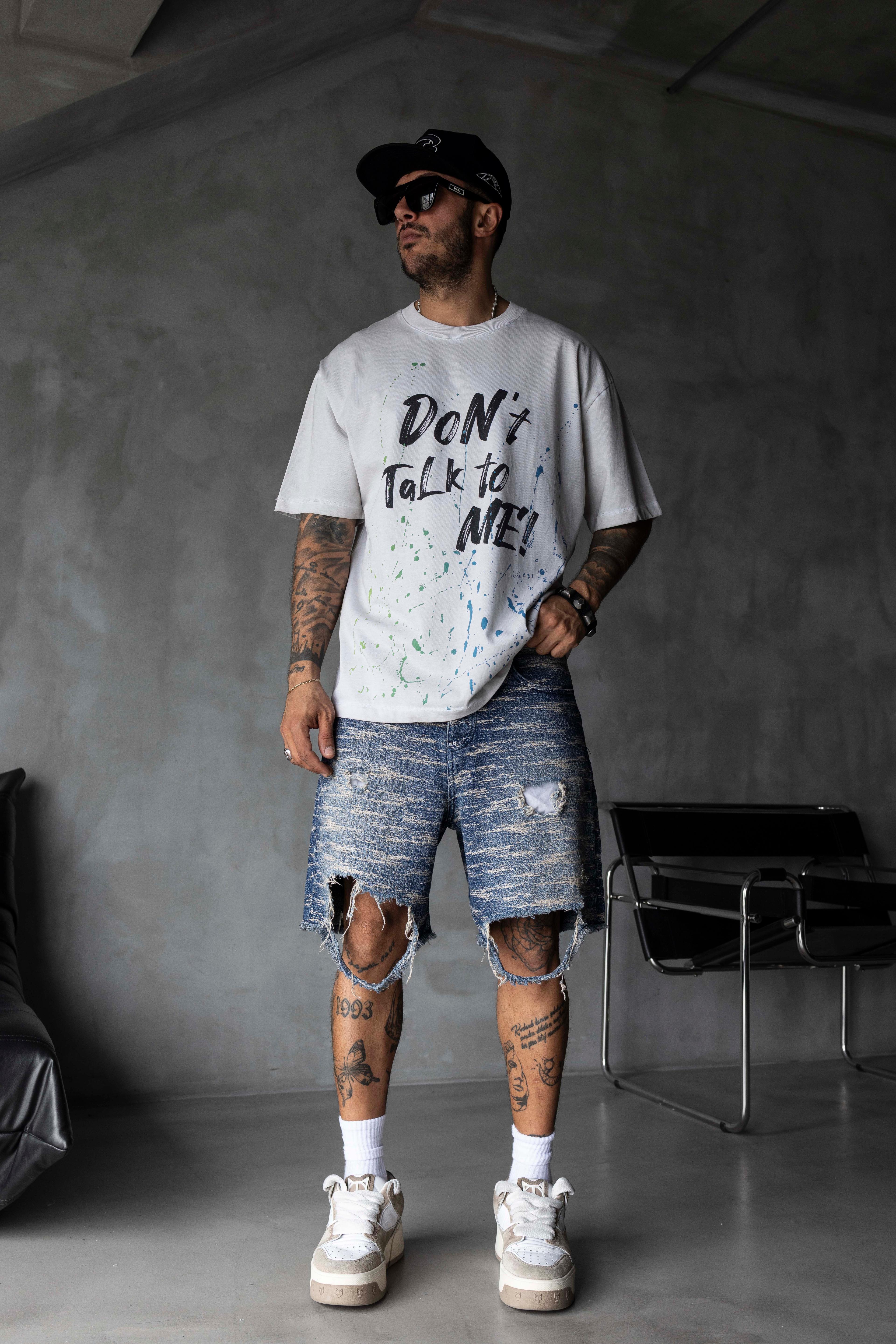 DON’T TALK TO ME Yazılı Yıkamalı Oversize Tişört - BEYAZ