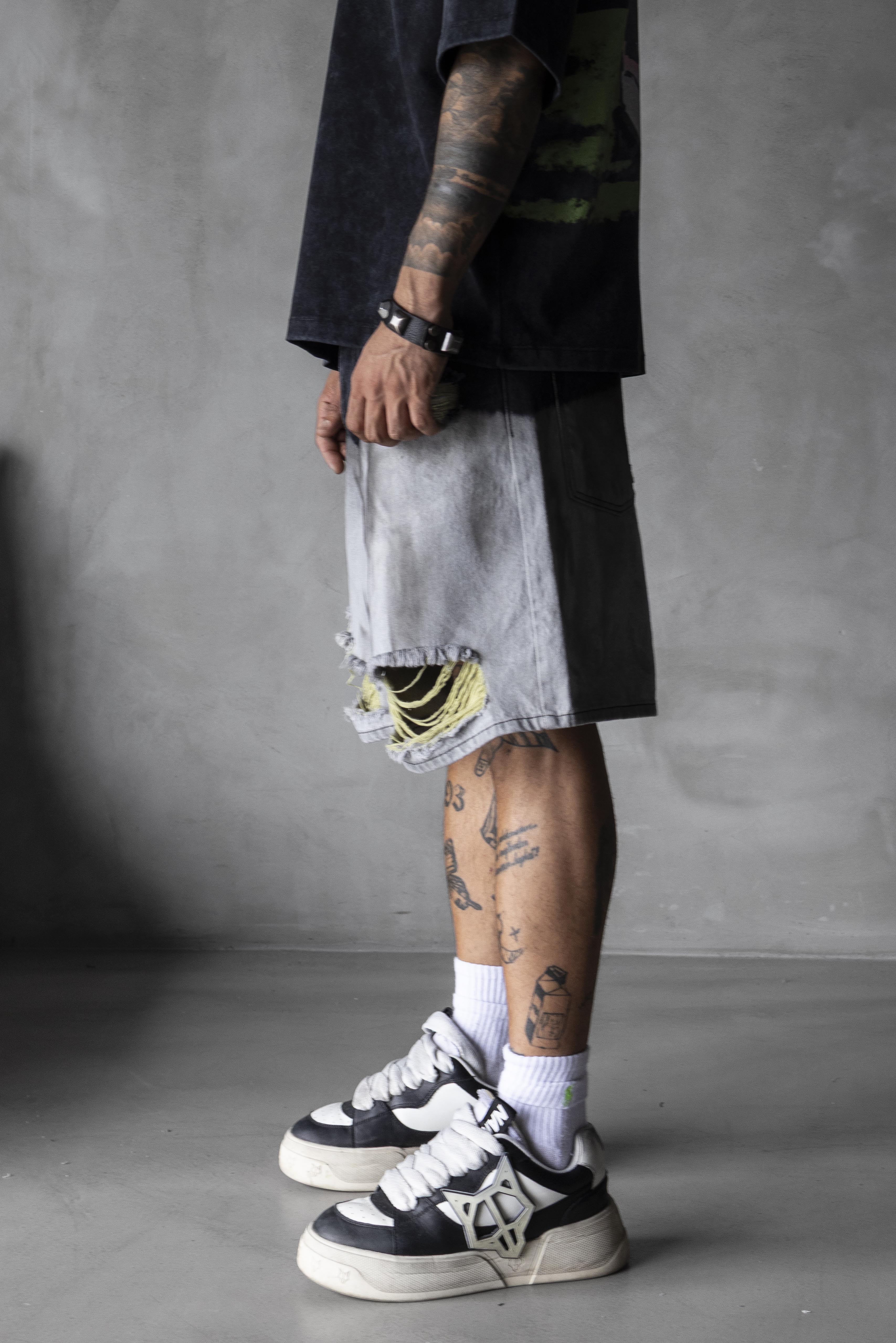 Two-Tone Ripped Denim Shorts