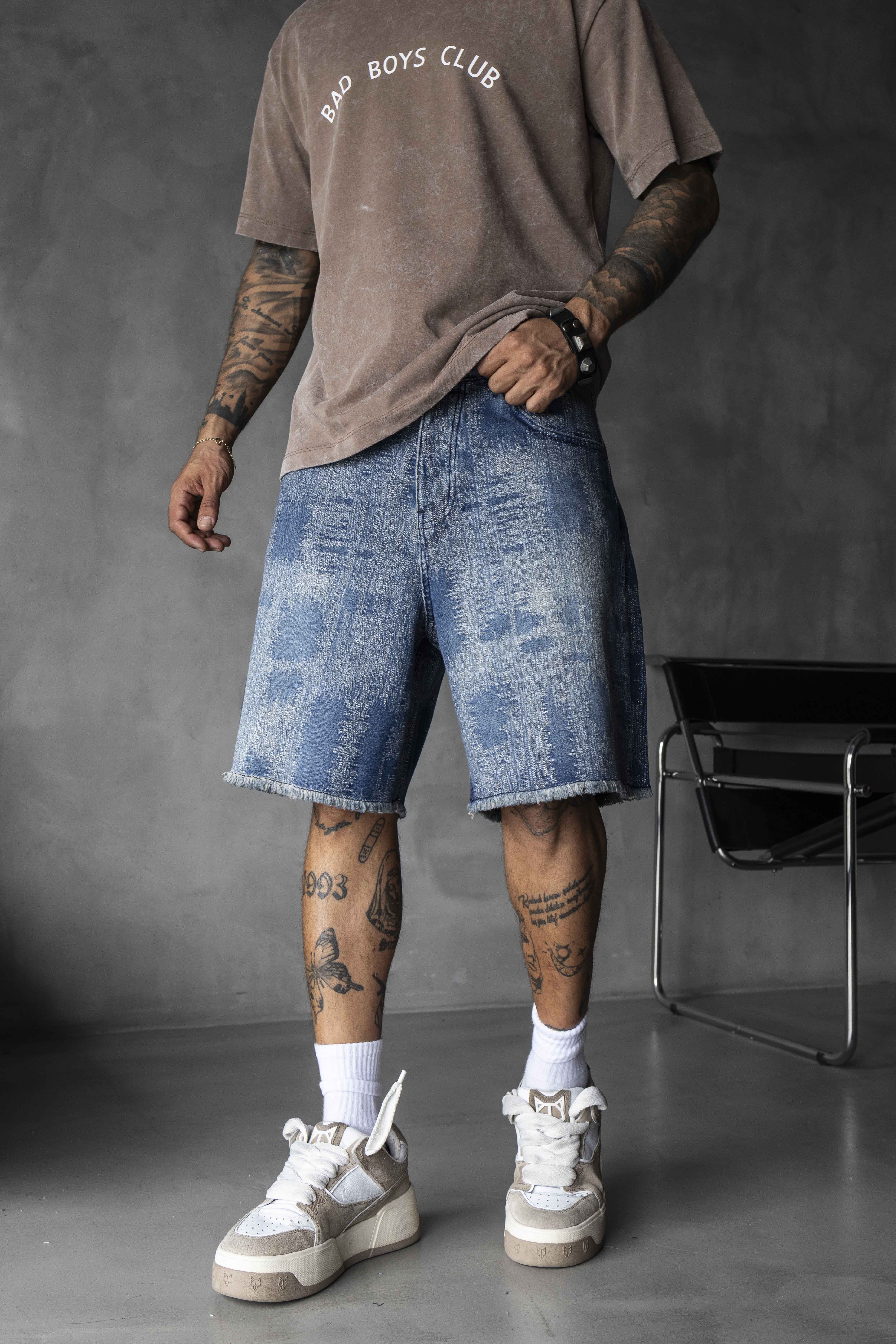 Oversized Distressed Washed Blue Denim Shorts