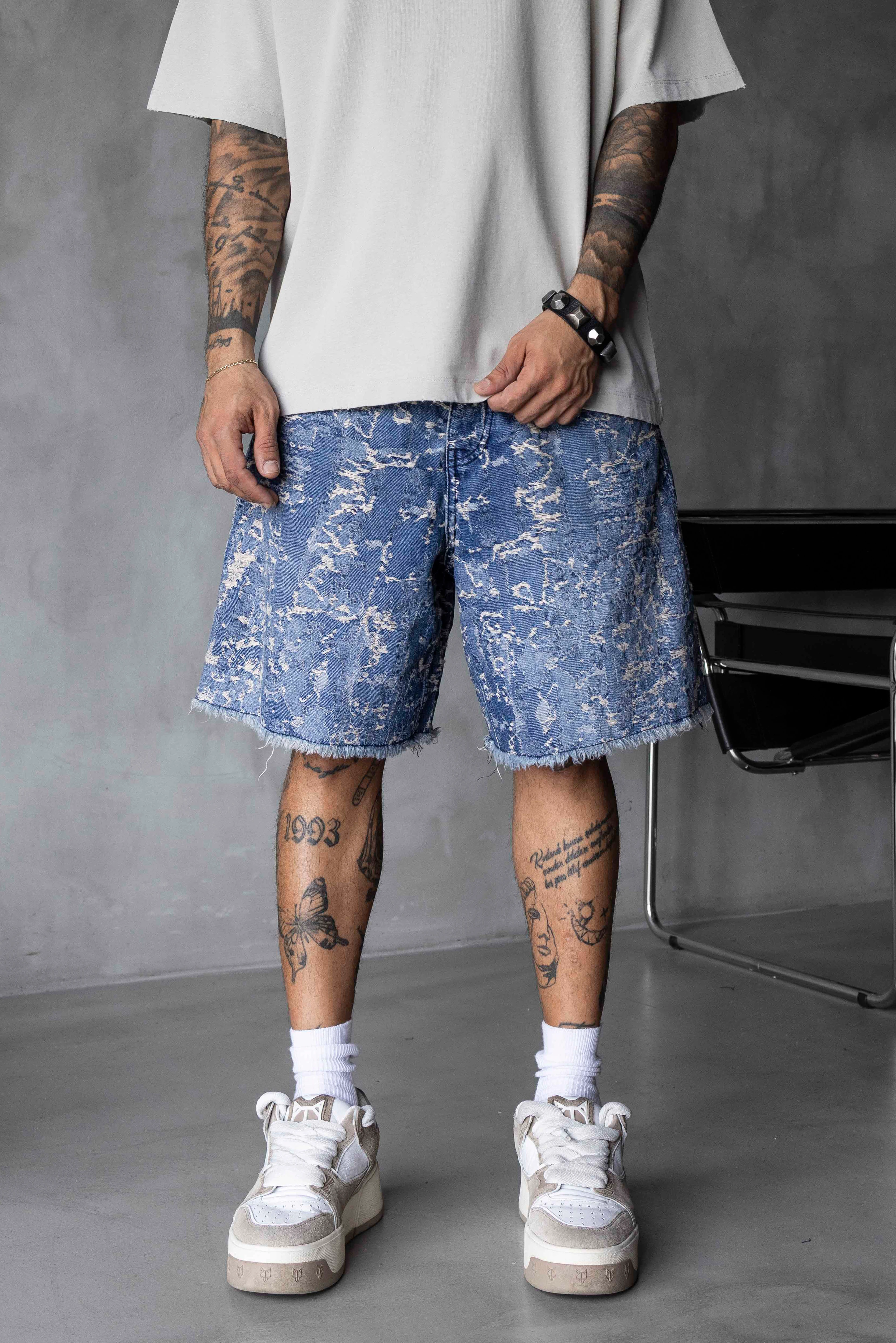 Bleached Pattern Denim Shorts
