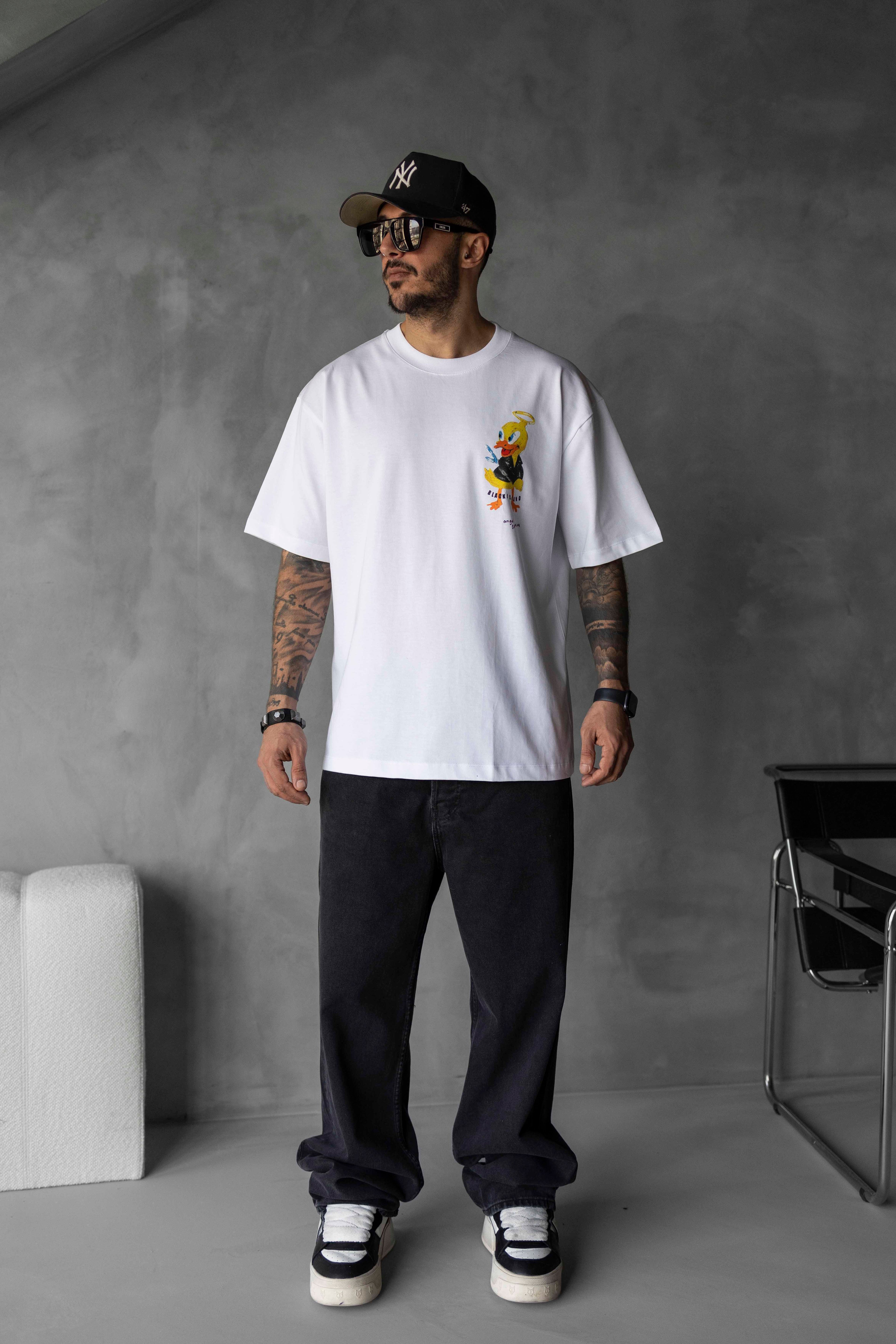 Angel Duck Baskılı Oversize Tişört - BEYAZ