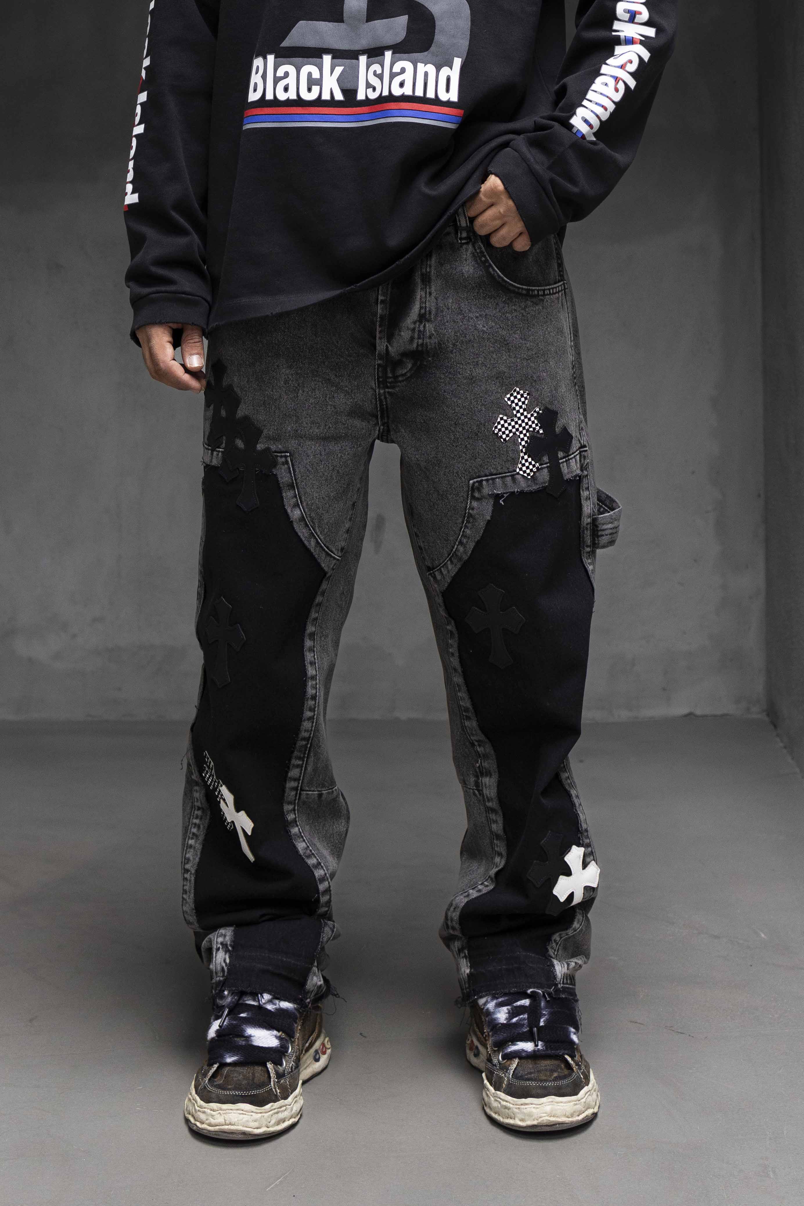 Black & Grey Cross Patchwork Denim Pants