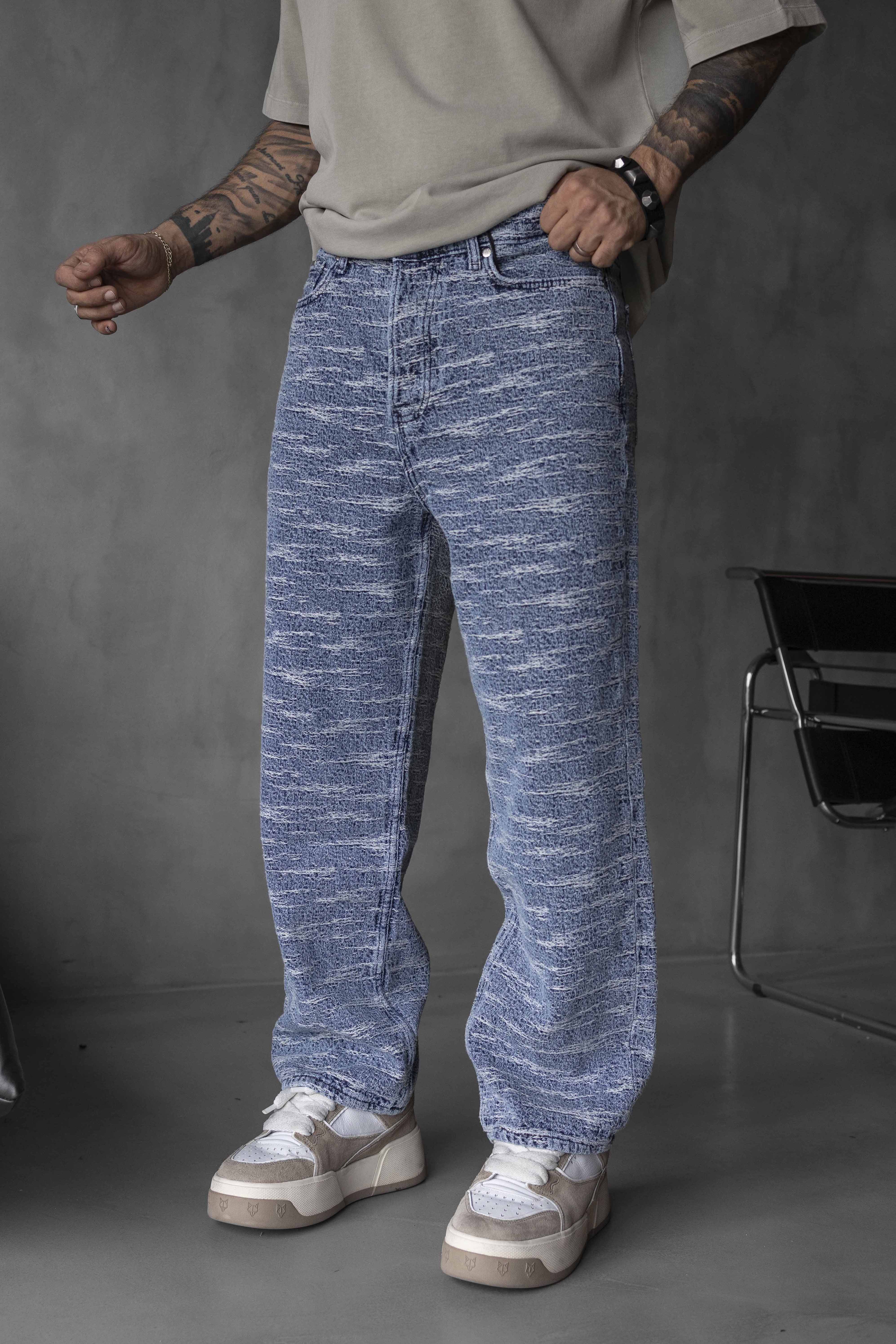 Blue Textured Pattern Denim Pants