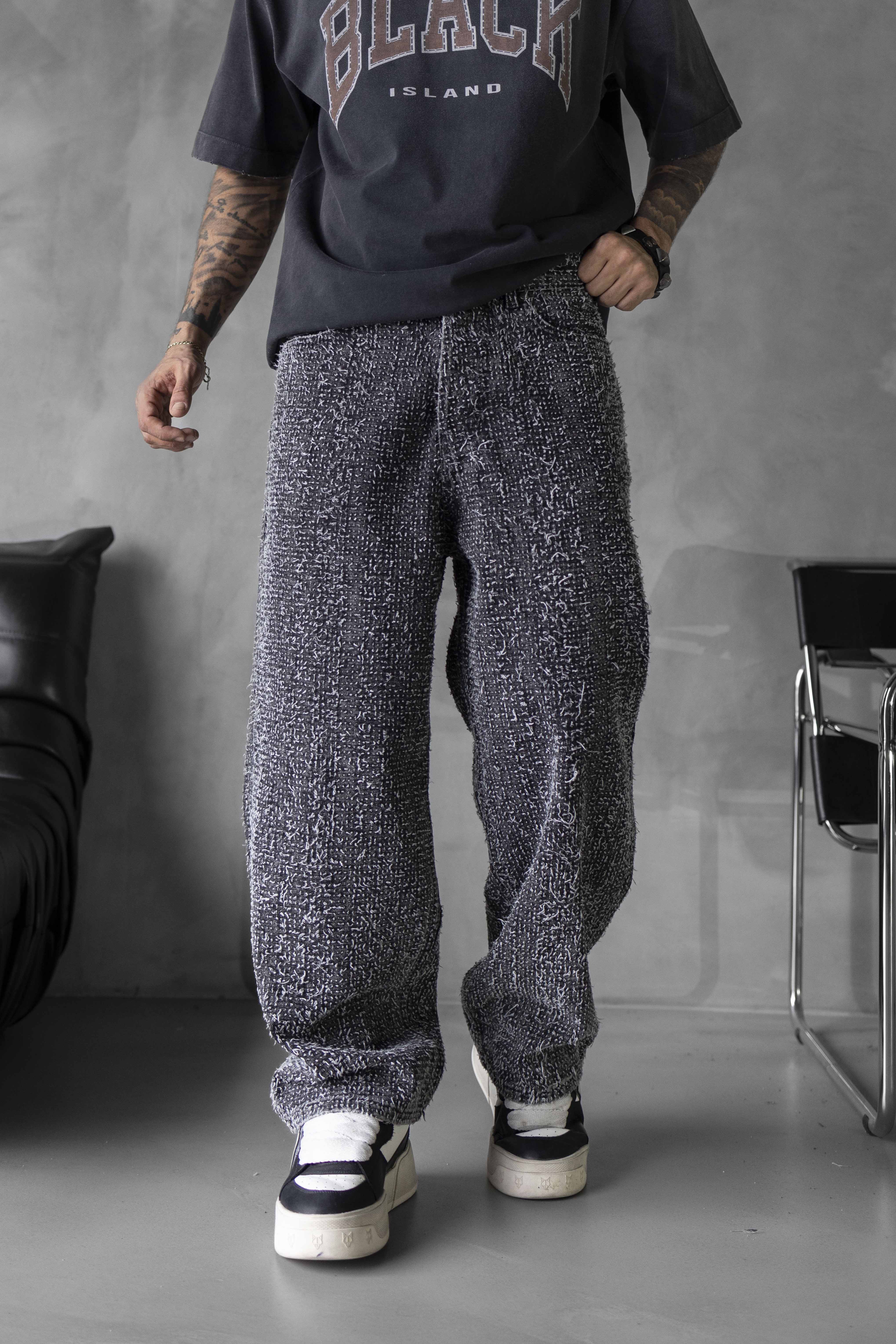 Grey Textured Loose Fit Denim Pants