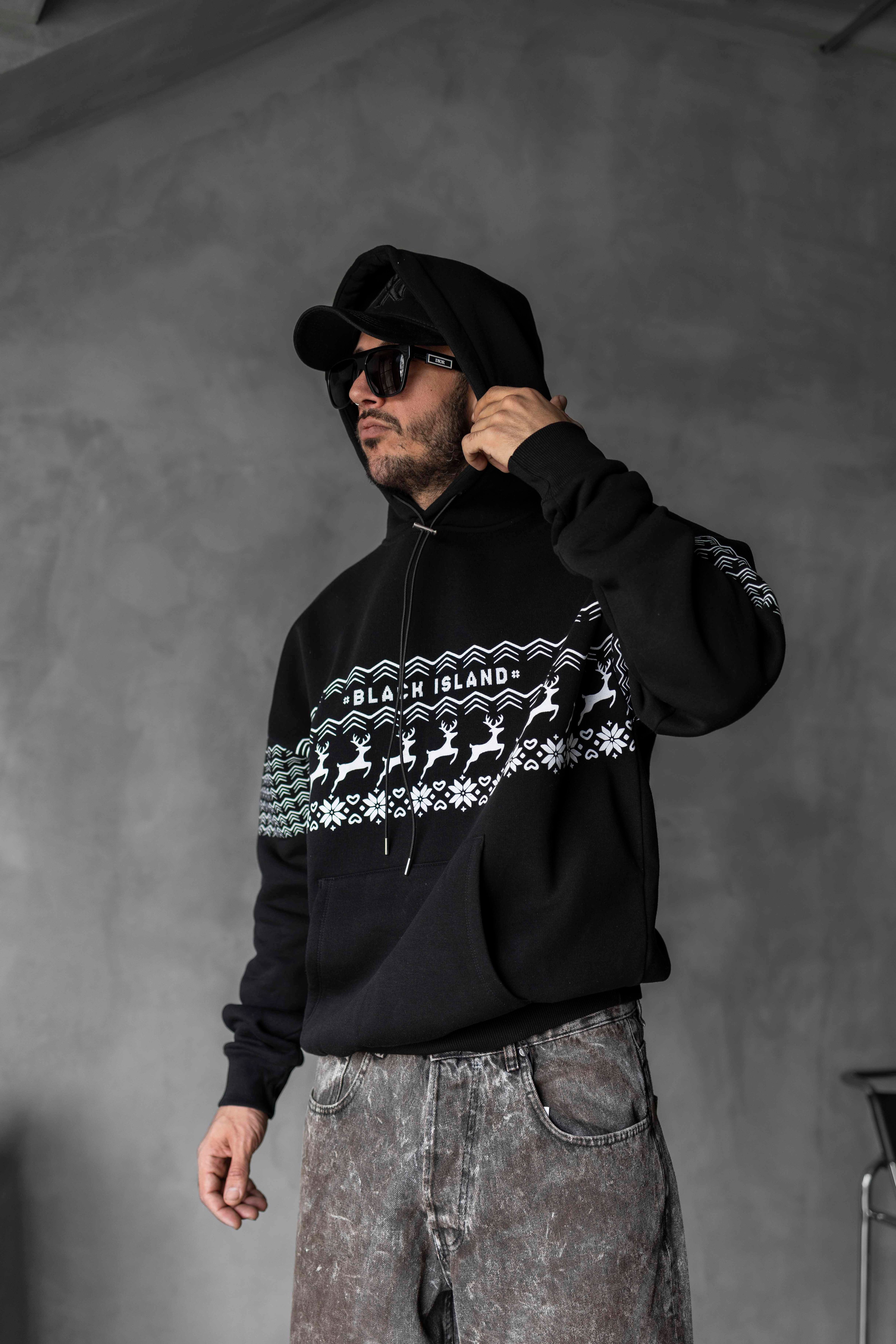 Black Island Geyik Desenli Kapüşonlu Yılbaşı Sweatshirt