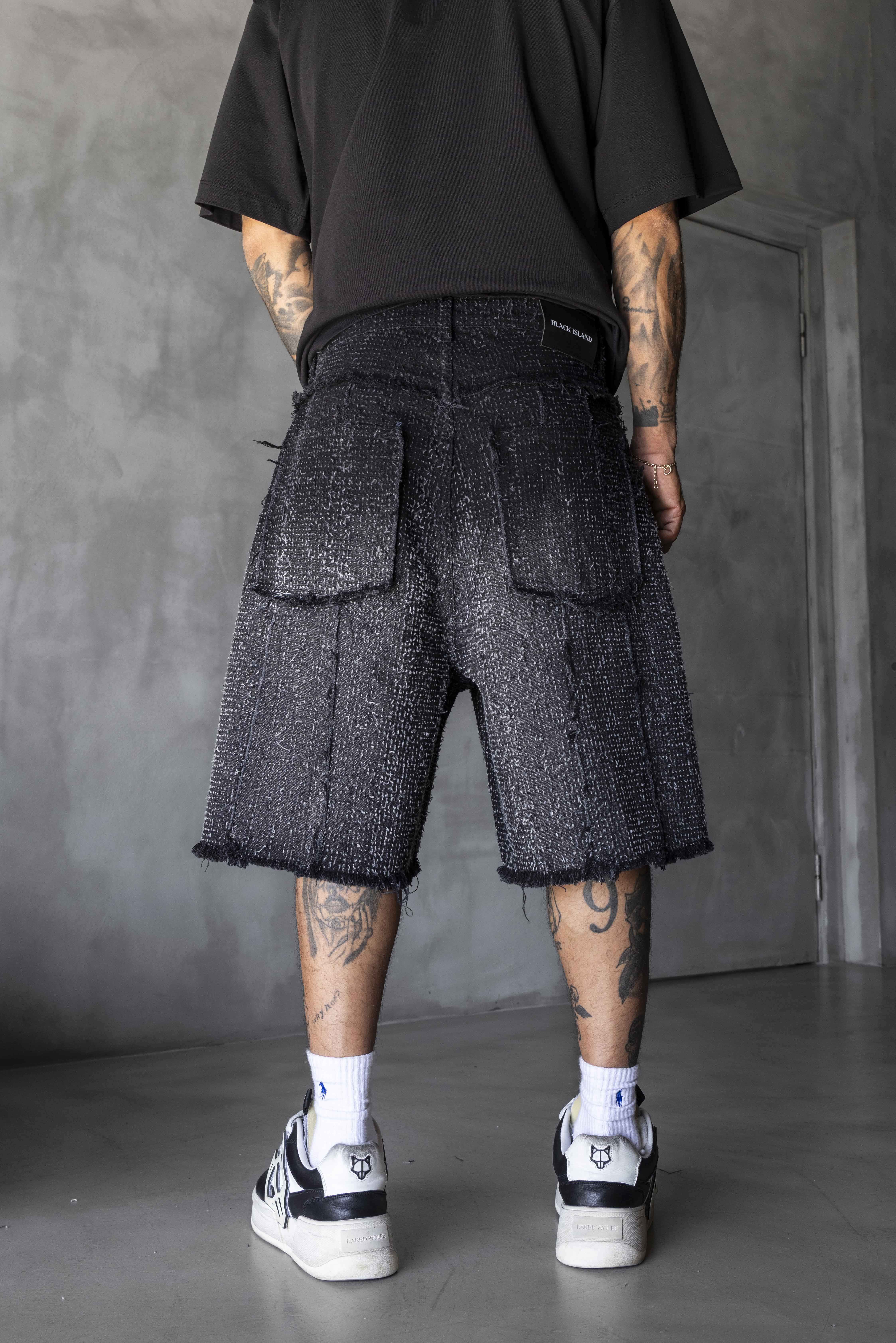 Black Textured Wide-Leg Denim Shorts