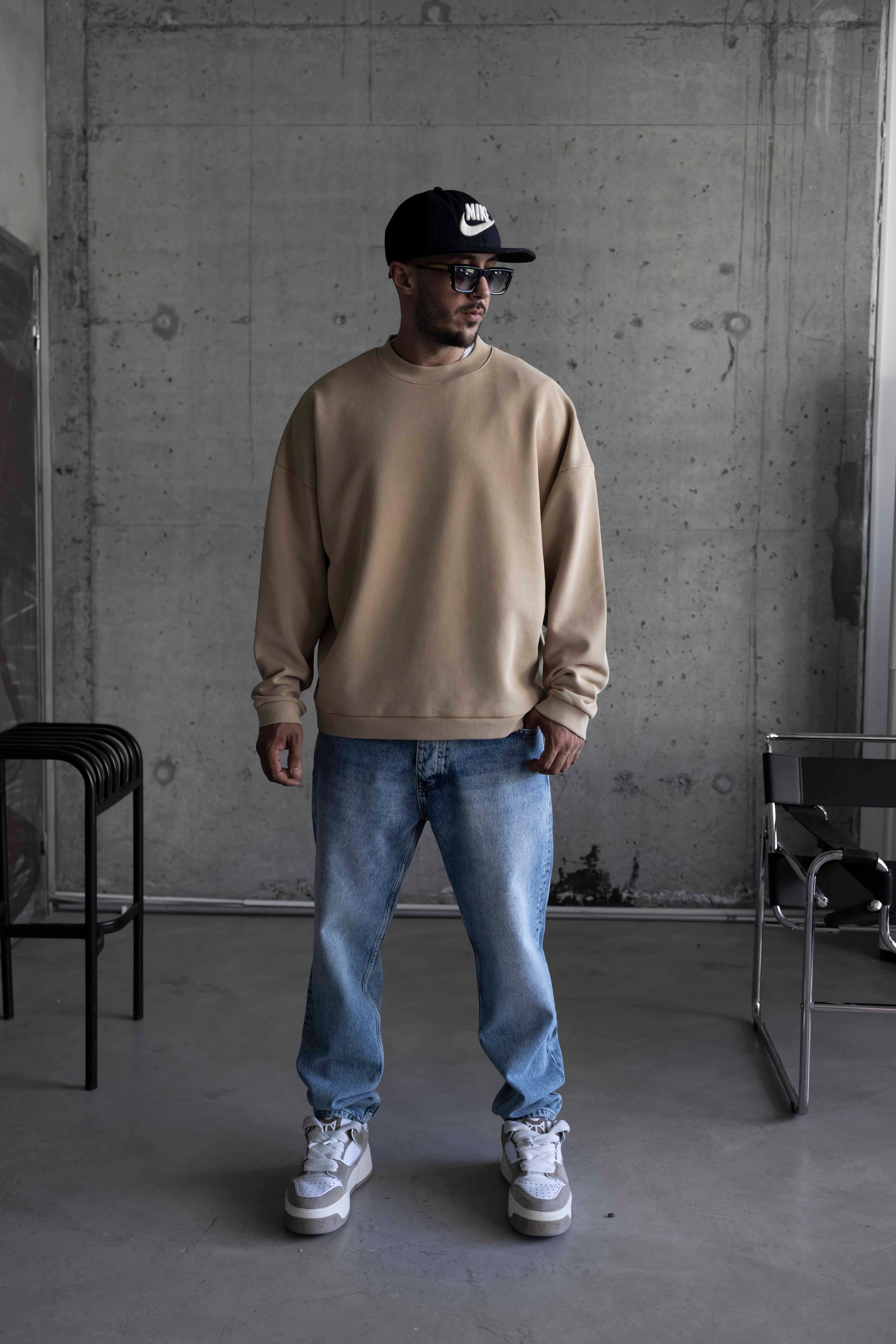 Yıkamalı Oversize Basic Sweatshirt - BEJ