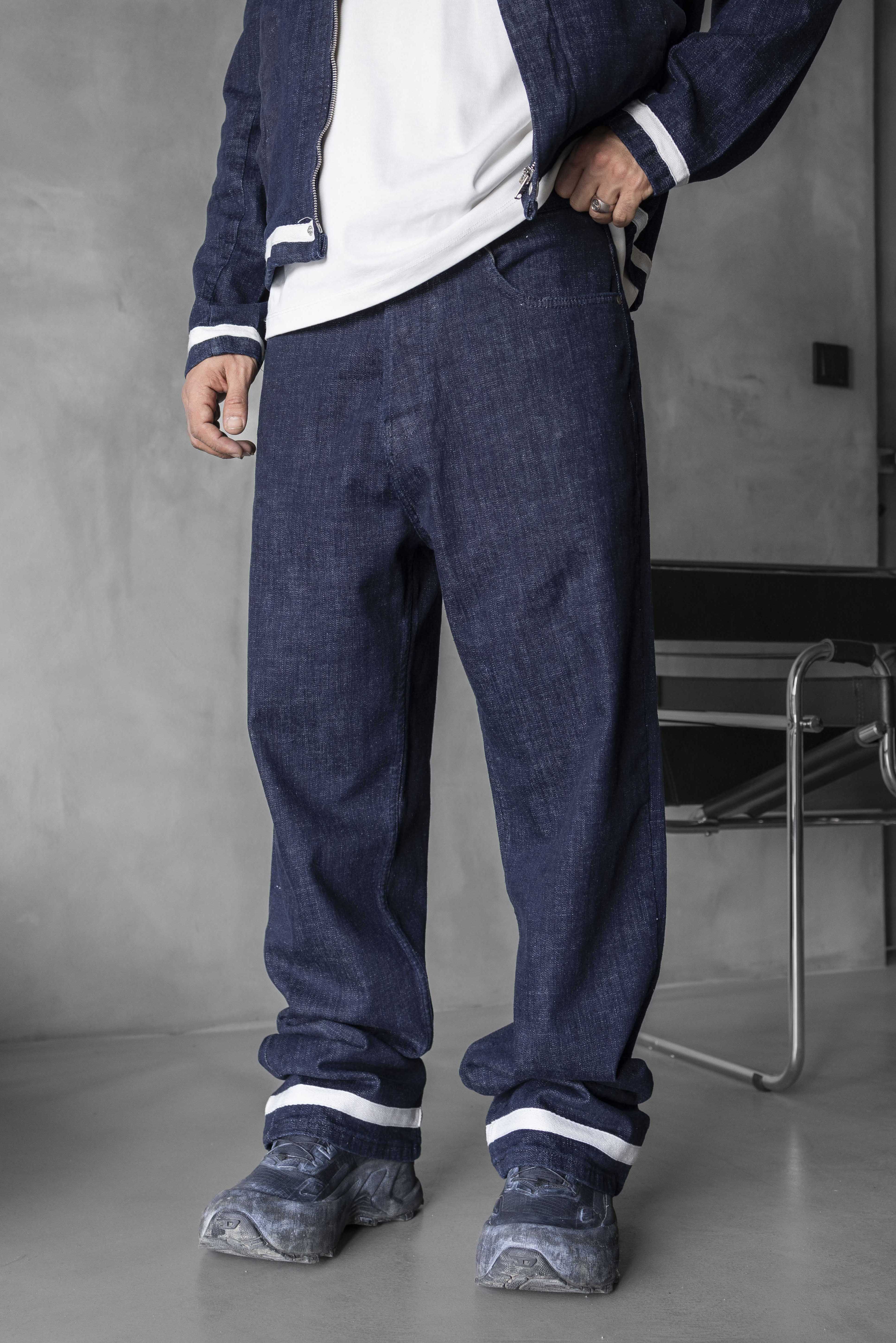 Raw Blue Wide Denim Pants with White Detail