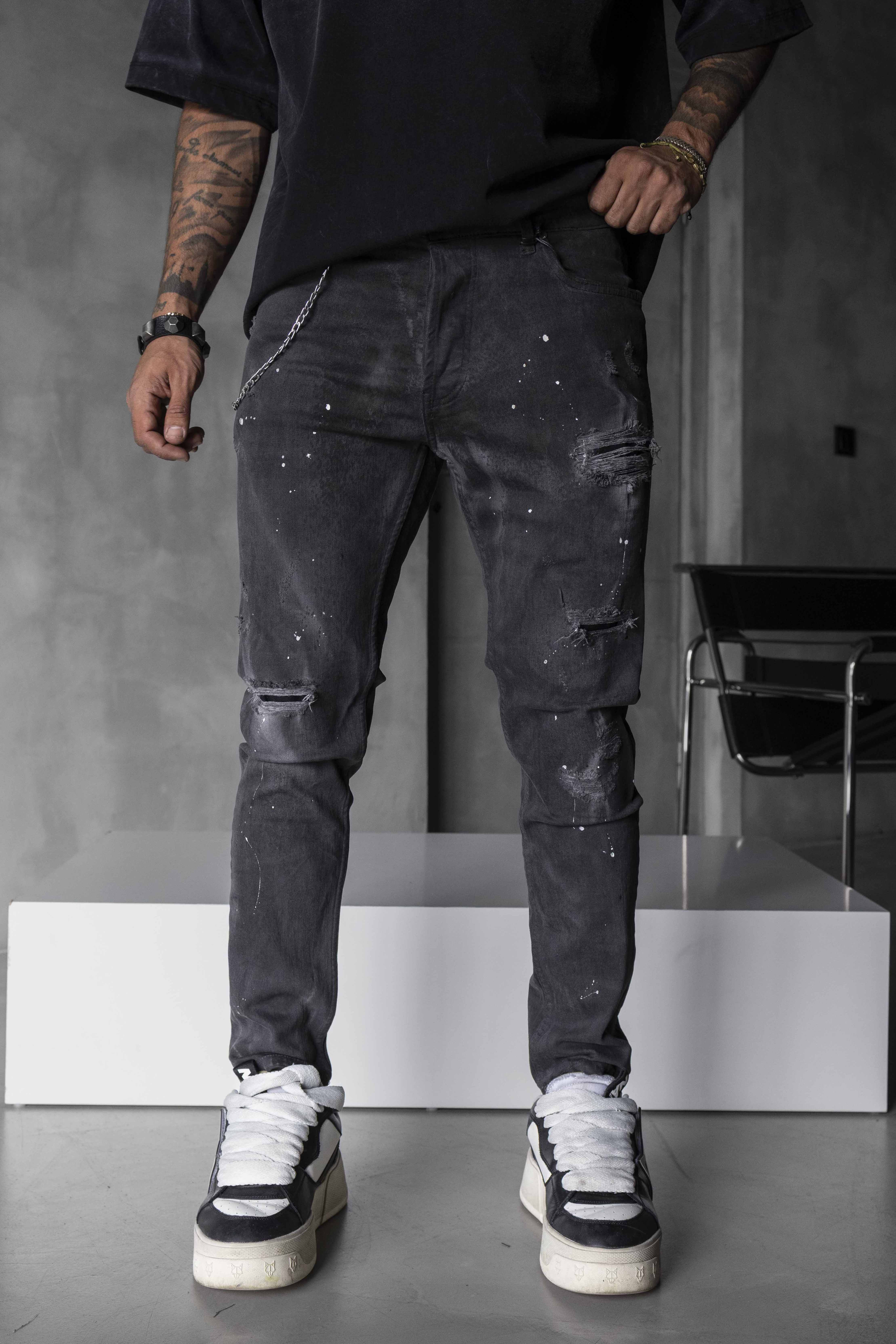 Slim Fit Washed Black Distressed Denim Jeans