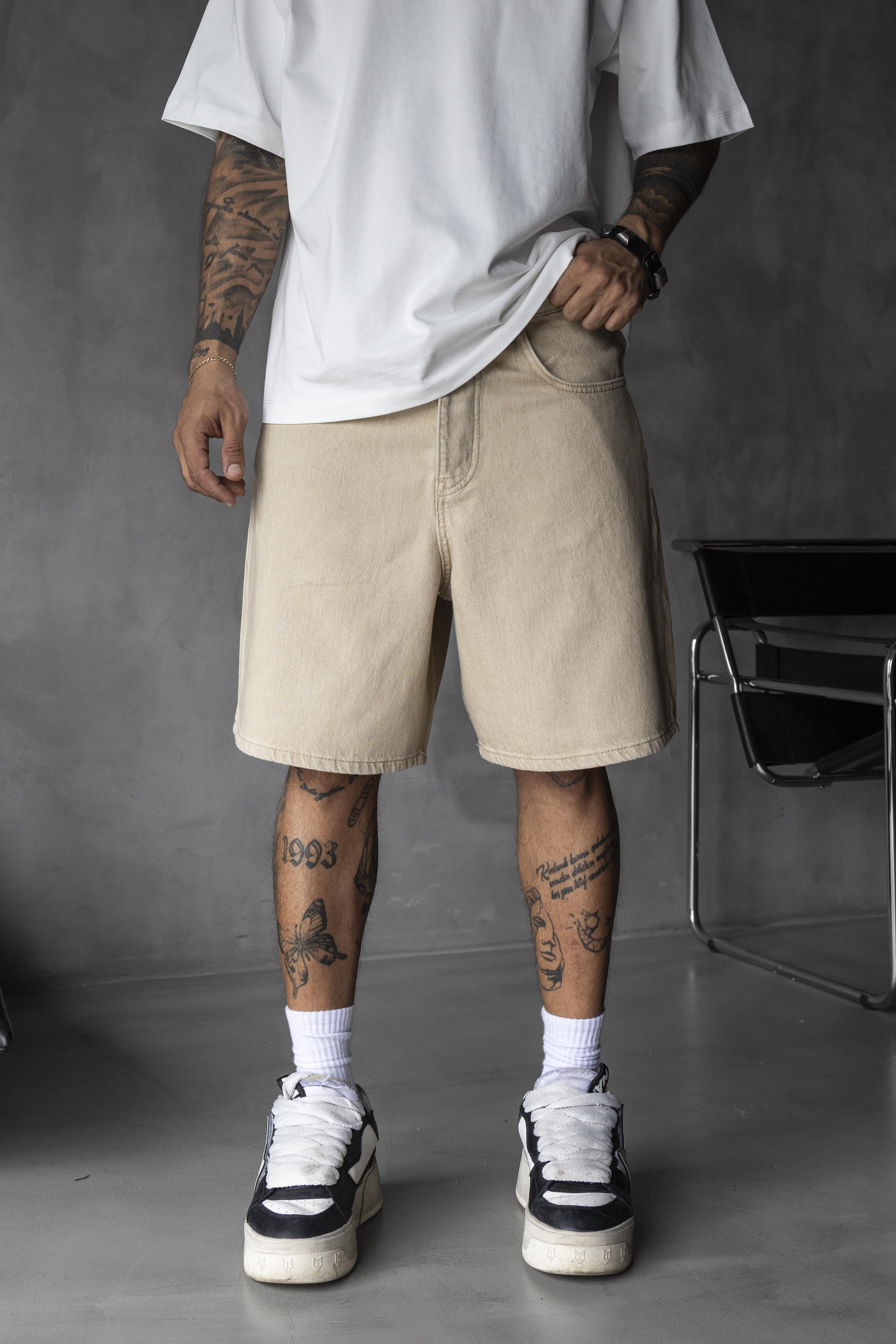 Beige Textured Denim Shorts