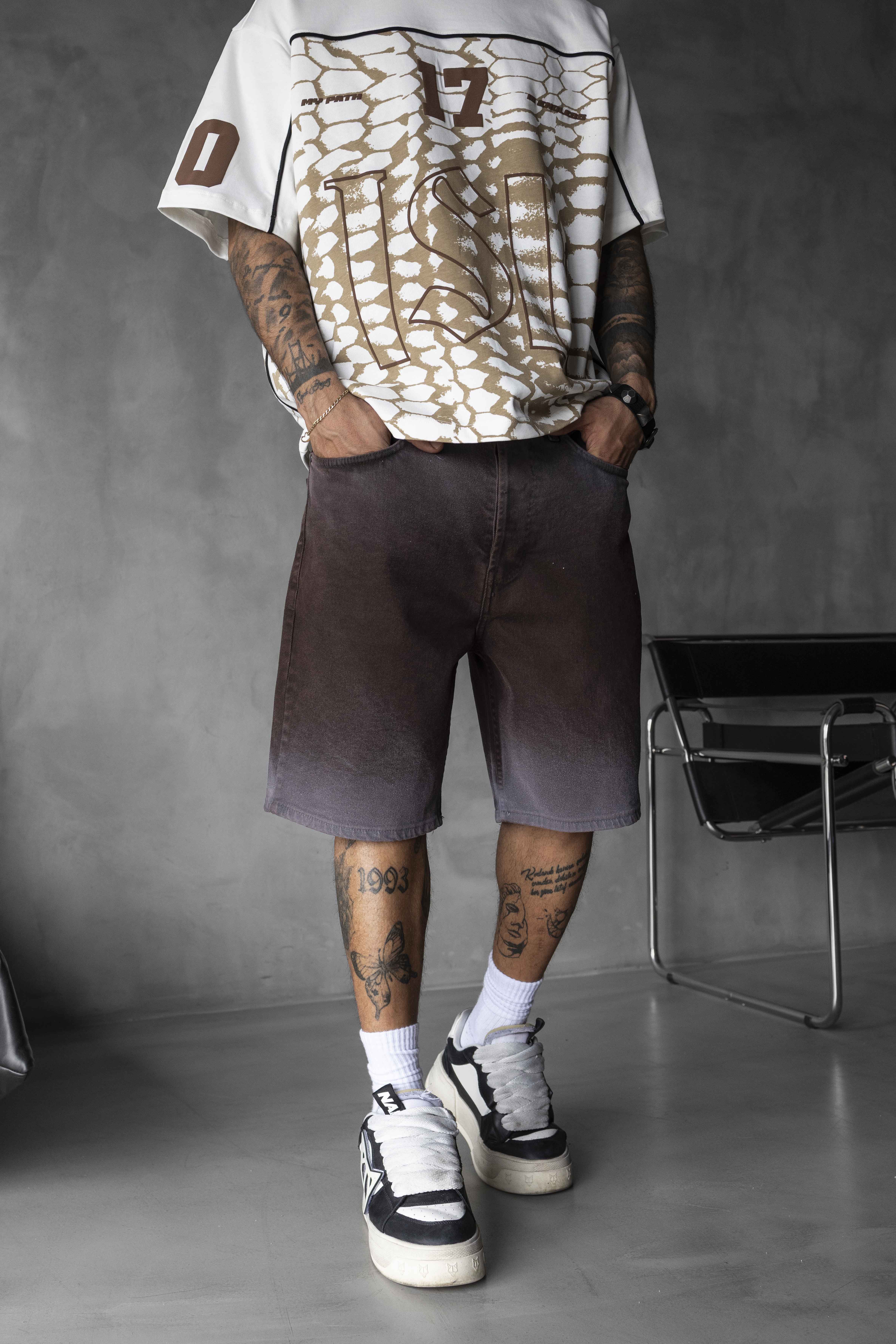 Brown Gradient Washed Denim Shorts